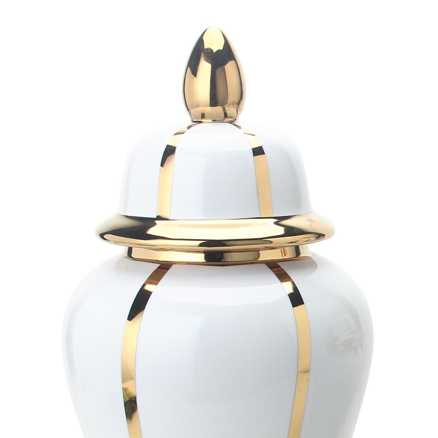 White Linear Gilded Ginger Jar With Removable Lid White Ceramic