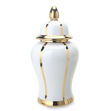 White Linear Gilded Ginger Jar With Removable Lid White Ceramic