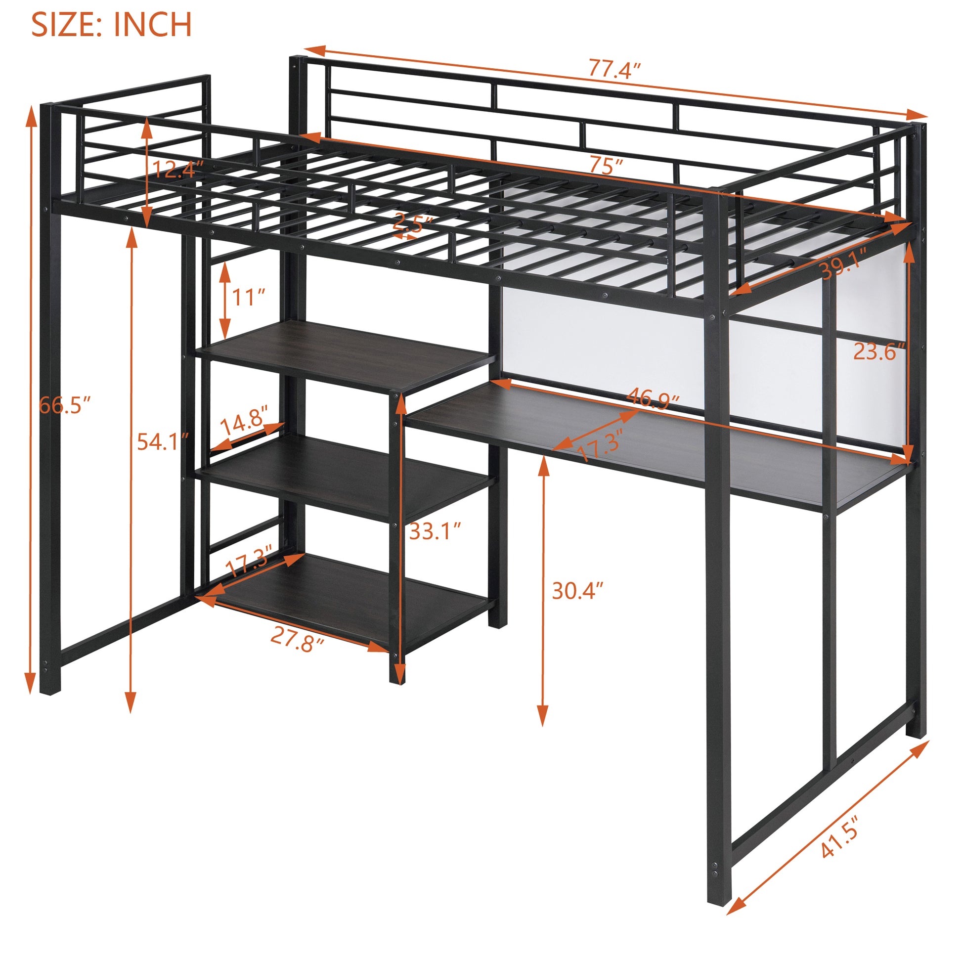 Twin Size Loft Bed With Desk And Whiteboard, Metal Loft Bed With 3 Shelves And Ladder, Black Black Steel