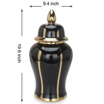 Black Linear Gilded Ginger Jar With Removable Lid Black Ceramic