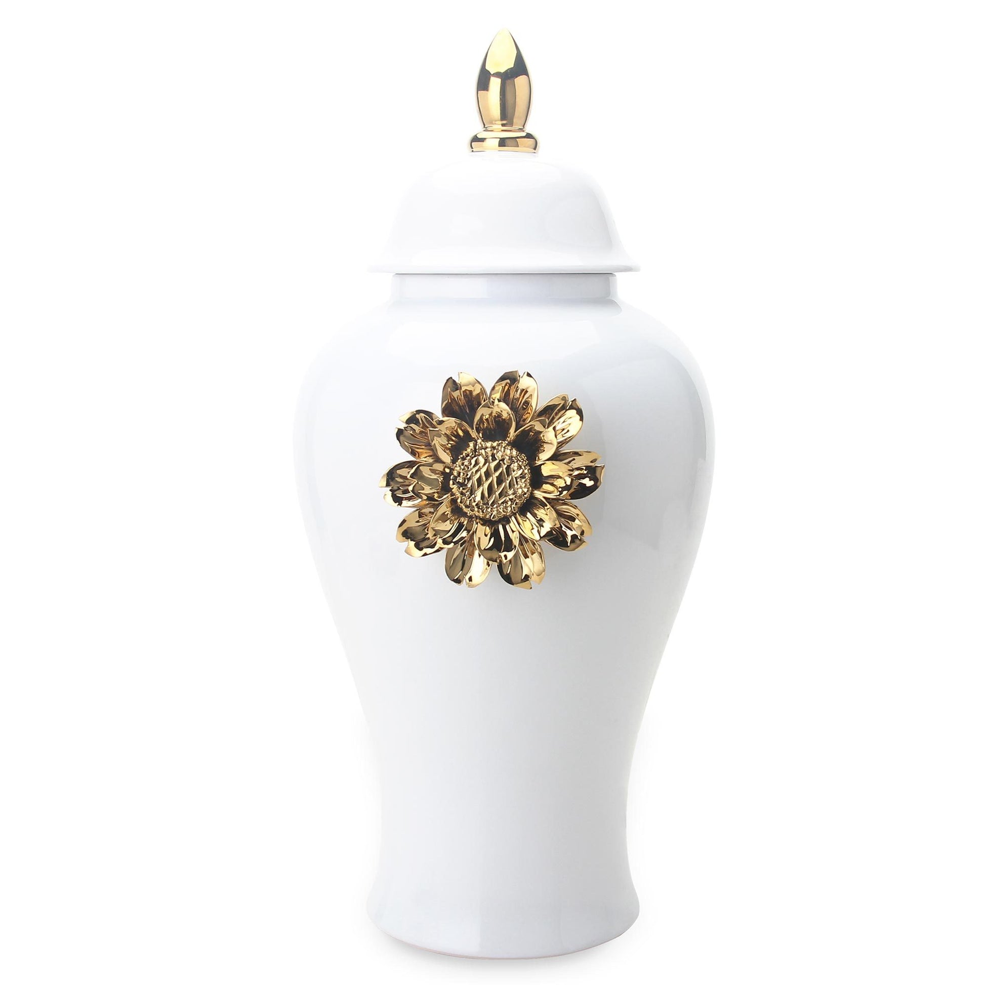 White Ginger Jar With Gilded Flower Timeless Home Decor White Ceramic