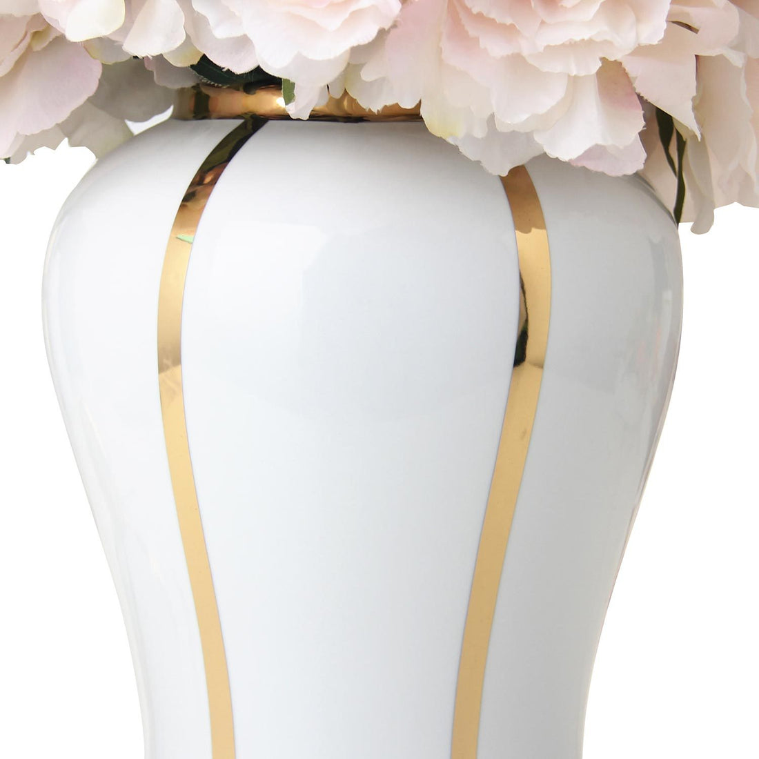 White Linear Gilded Ginger Jar With Removable Lid White Ceramic