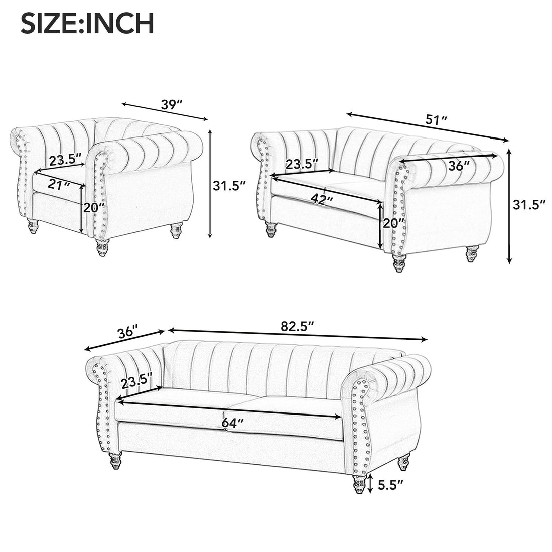 39" Modern Sofa Dutch Fluff Upholstered Sofa With Solid Wood Legs, Buttoned Tufted Backrest,Blue Blue Foam Polyester