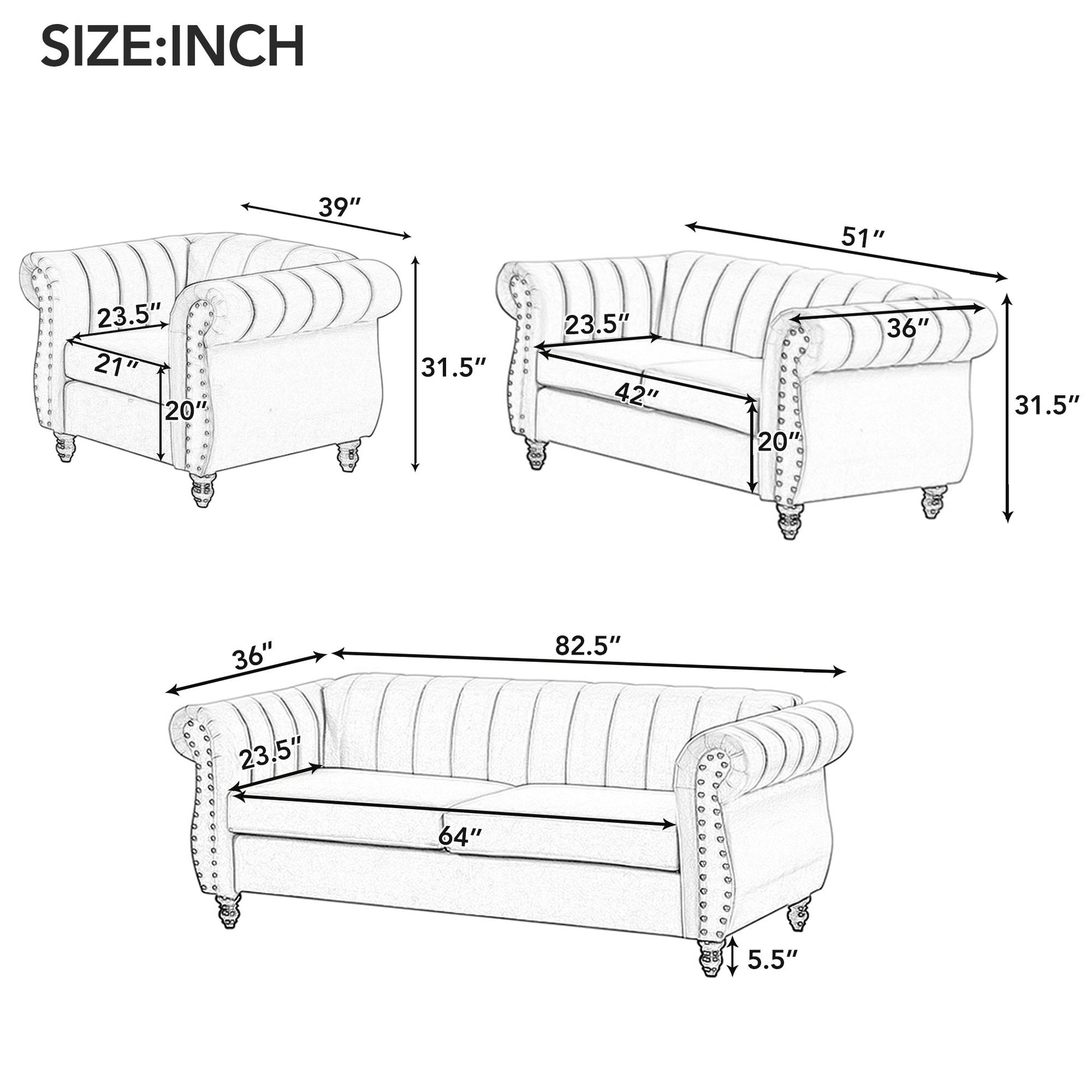 39" Modern Sofa Dutch Fluff Upholstered Sofa With Solid Wood Legs, Buttoned Tufted Backrest,Blue Blue Foam Polyester