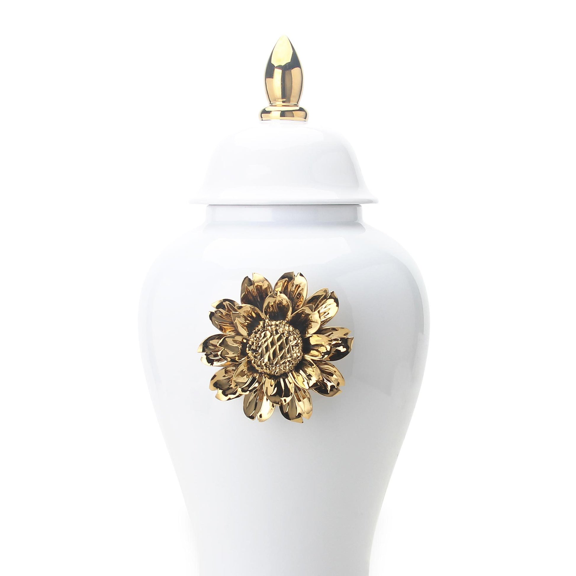 White Ginger Jar With Gilded Flower Timeless Home Decor White Ceramic