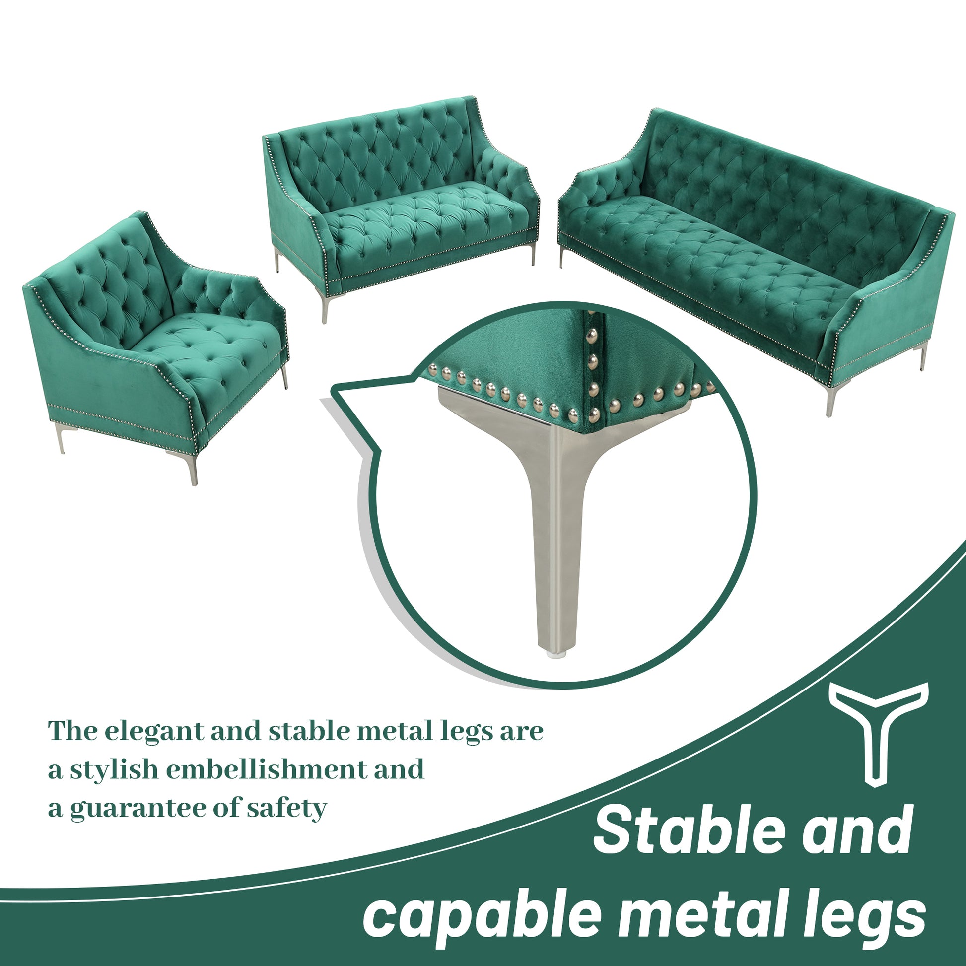 55.5" Modern Sofa Dutch Plush Upholstered Sofa With Metal Legs, Button Tufted Back Green Green Foam Polyester