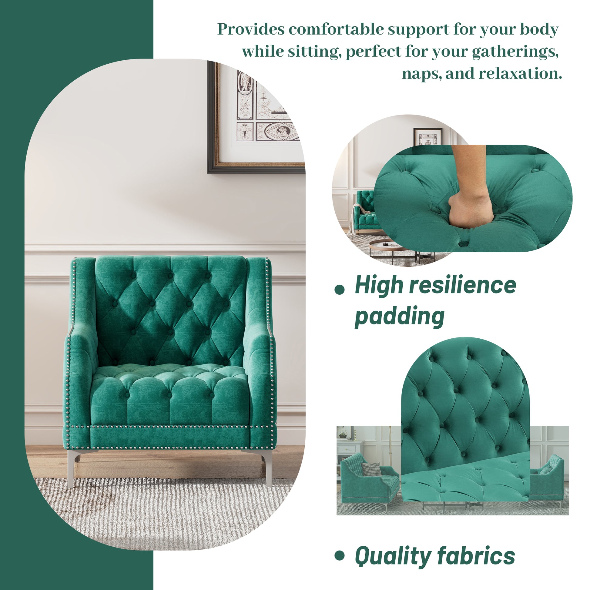 78" Modern Sofa Dutch Plush Upholstered Sofa With Metal Legs, Button Tufted Back Green Green Foam Polyester