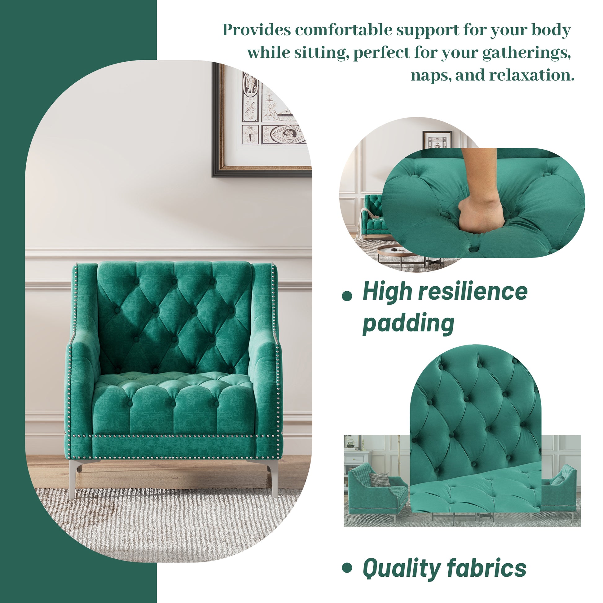 55.5" Modern Sofa Dutch Plush Upholstered Sofa With Metal Legs, Button Tufted Back Green Green Foam Polyester