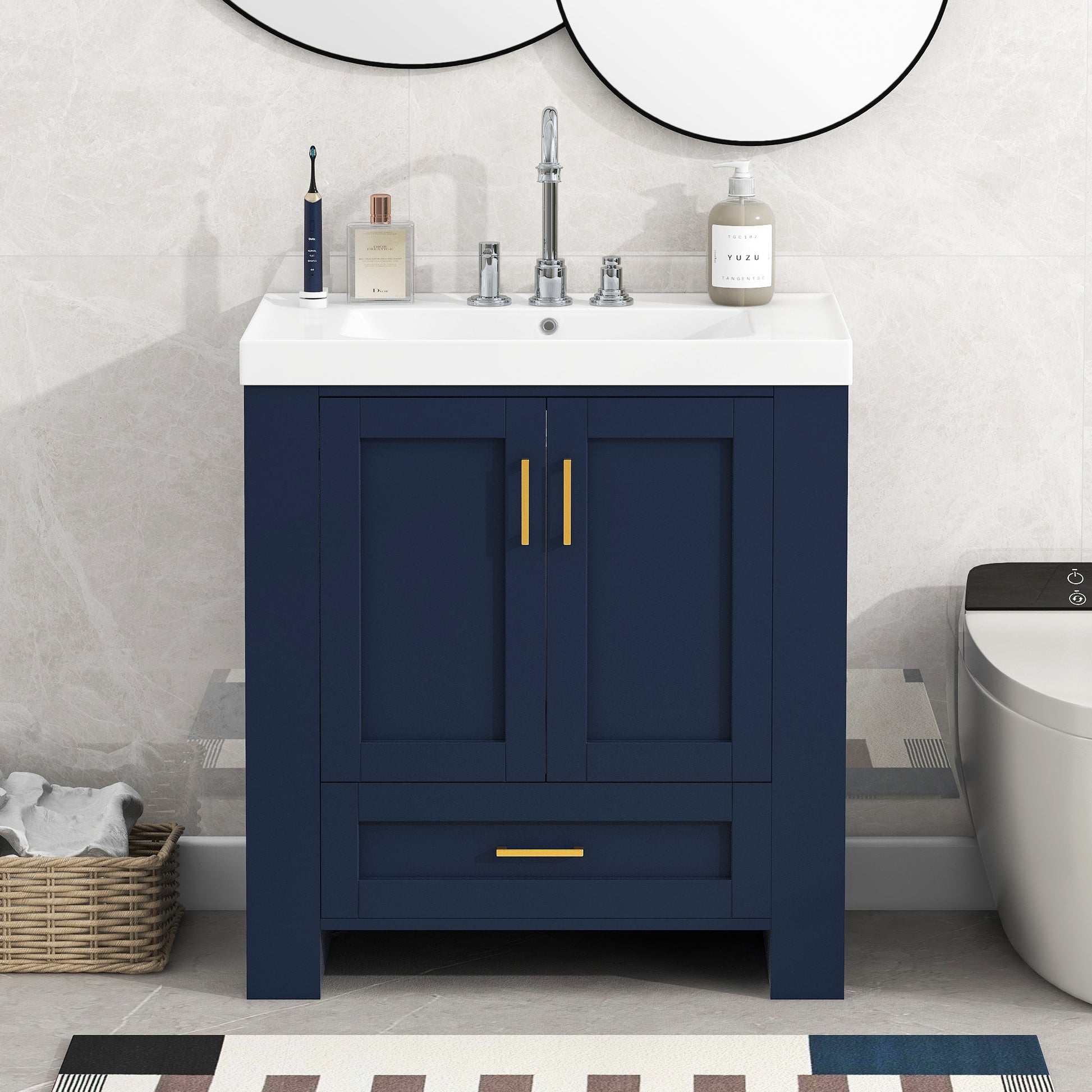 30'' Bathroom Vanity With Seperate Basin Sink, Modern Bathroom Storage Cabinet With Double Sided Storage Shelf, Freestanding Bathroom Vanity Cabinet With Single Sink 1 Blue 2 3 24 To 31 In Soft Close Doors Bathroom Freestanding Modern Mdf Painted