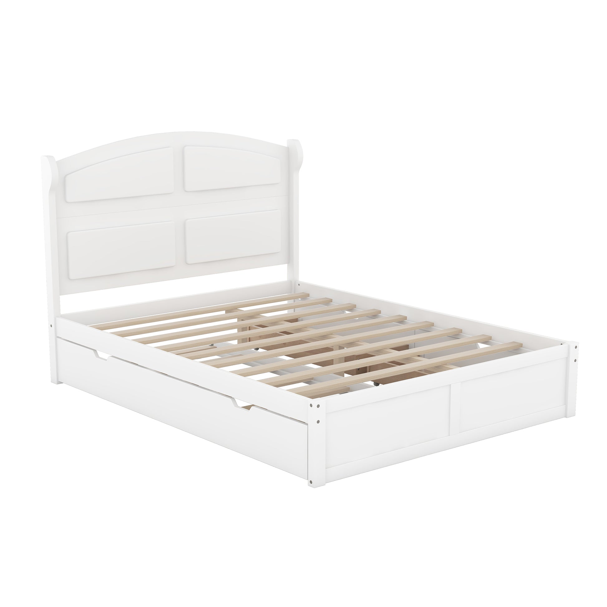 Wood Queen Size Platform Bed With Twin Size Trundle And 2 Drawers, White Box Spring Not Required Queen White Wood Bedroom Bed Frame Solid Wood Mdf