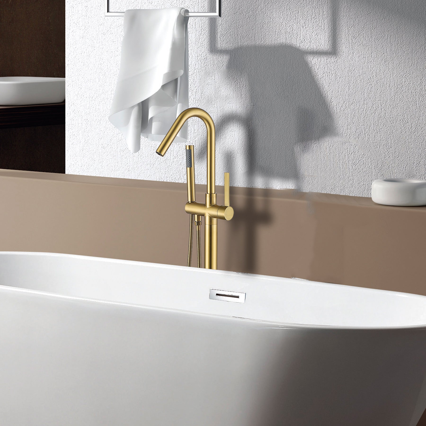 Freestanding Bathtub Faucet With Hand Shower Gold Metal