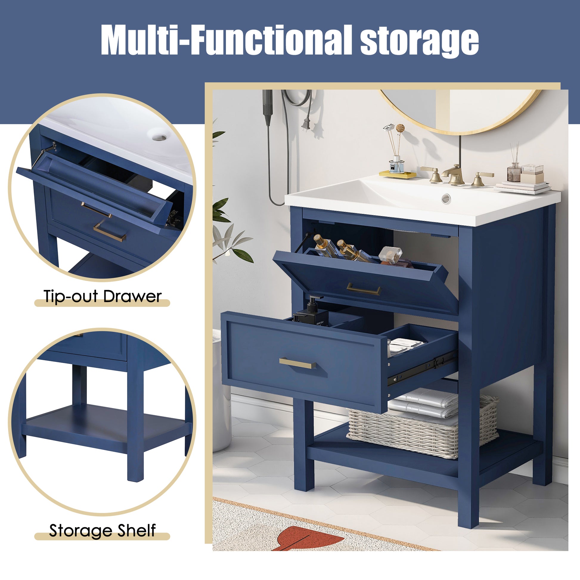 24'' Bathroom Vanity With Top Sink, Modern Bathroom Storage Cabinet With 2 Drawers, Single Sink Bathroom Vanity Blue Mdf