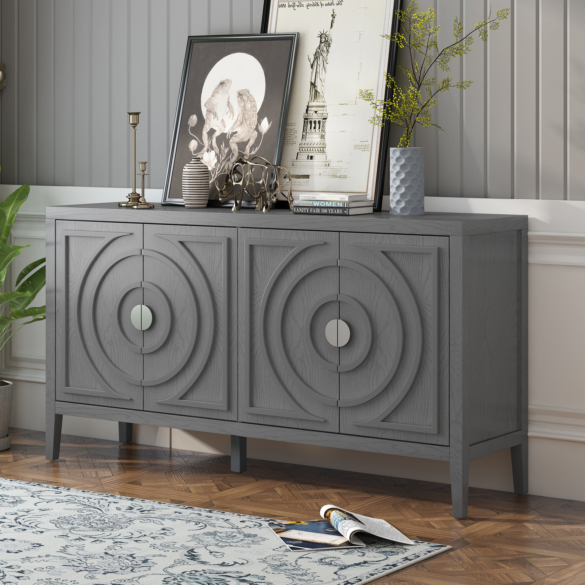 Retro Sideboard Door With Circular Groove Design Round Metal Door Handle For Entrance, Dinning Room, Living Room Gray Gray Mdf