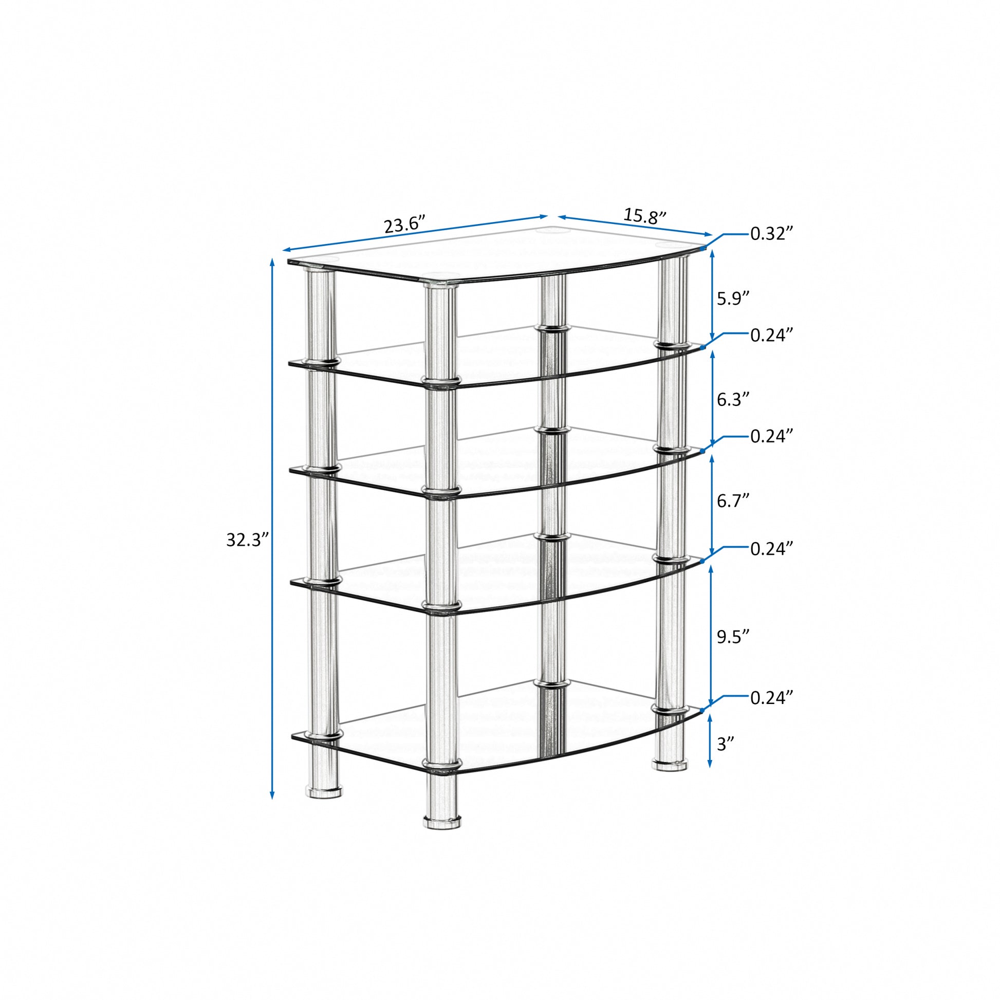 5 Tier Tempered Glass Side Table Stainless Steel Frame End Table For Living Room, Bedroom, Black Black Tempered Glass