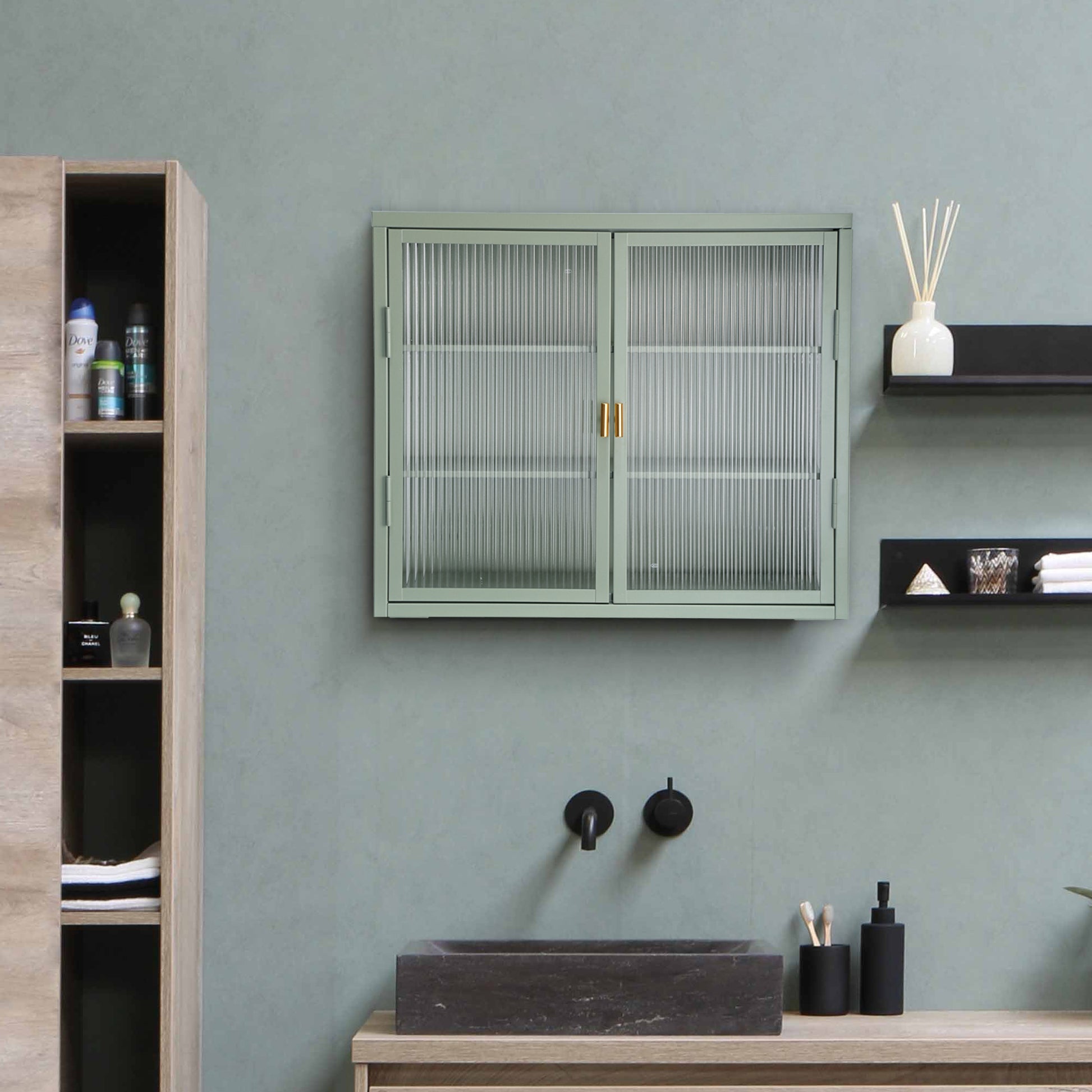 Retro Style Haze Double Glass Door Wall Cabinet With Detachable Shelves For Office, Dining Room,Living Room, Kitchen And Bathroom Mint Green Old Item Code W68751725 Wall Mounted 1 2 Shelves Powder Coated Mint Green Bathroom Glass Doors Tempered Glass