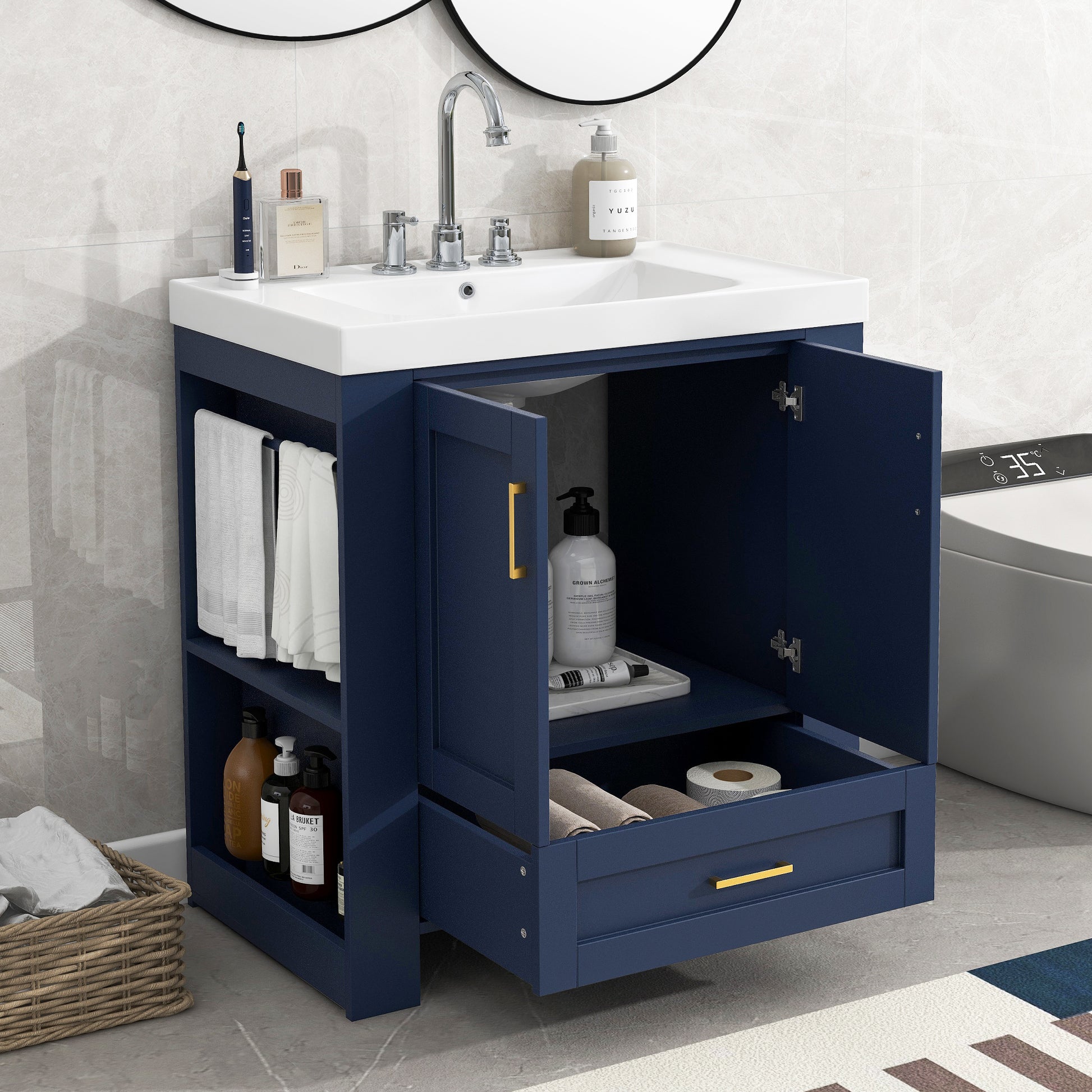 30'' Bathroom Vanity With Seperate Basin Sink, Modern Bathroom Storage Cabinet With Double Sided Storage Shelf, Freestanding Bathroom Vanity Cabinet With Single Sink 1 Blue 2 3 24 To 31 In Soft Close Doors Bathroom Freestanding Modern Mdf Painted