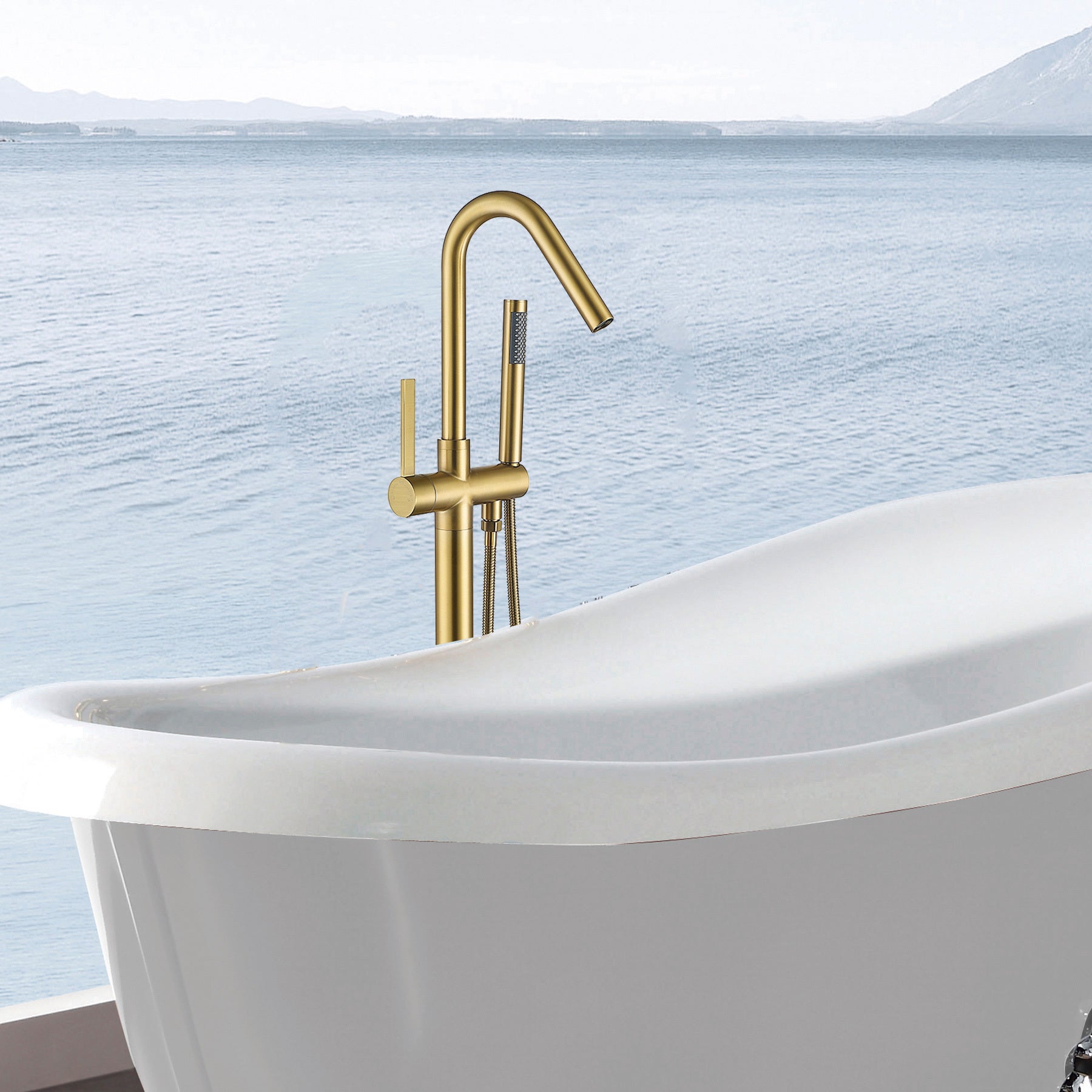 Freestanding Bathtub Faucet With Hand Shower Gold Metal