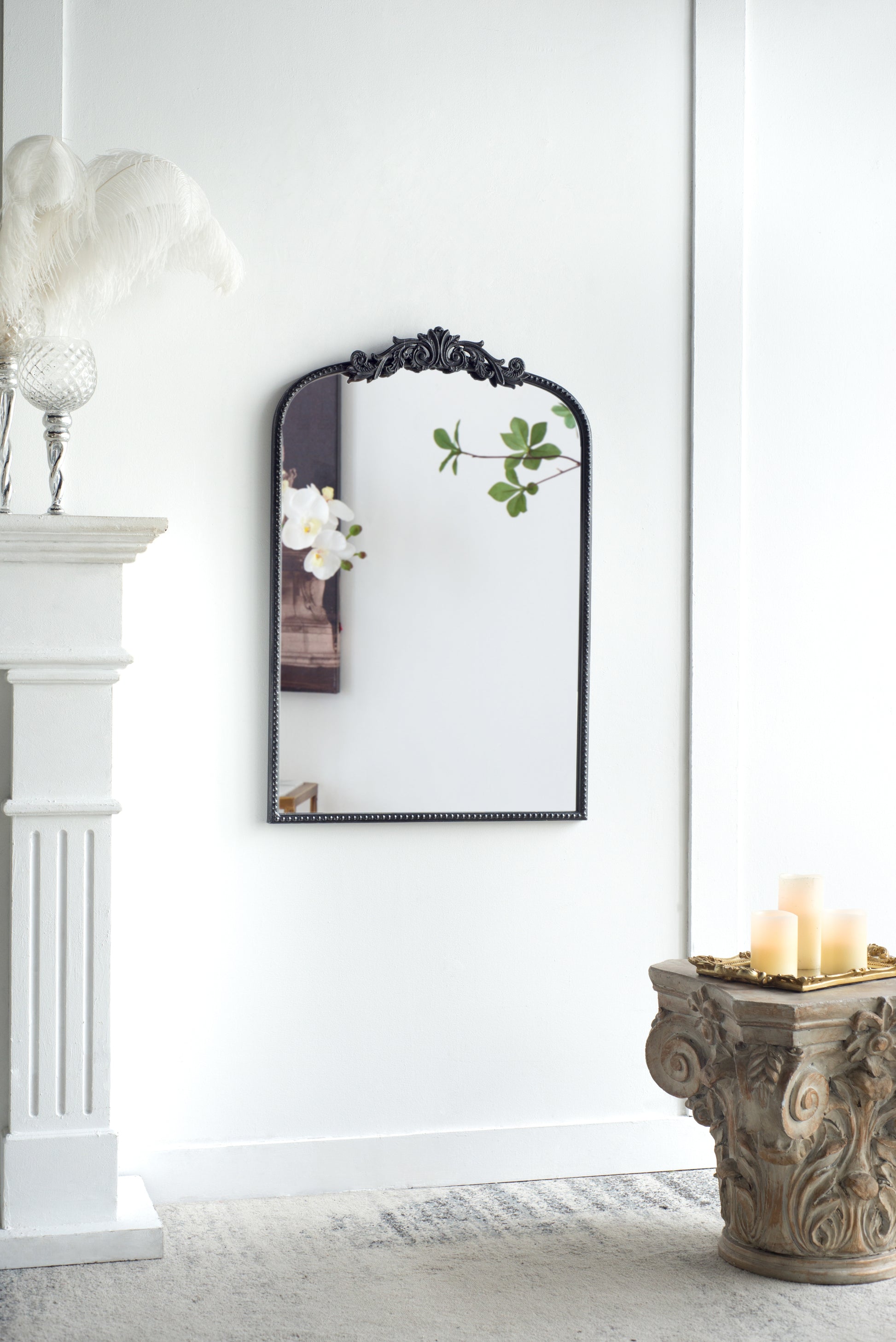 24" X 36" Classic Design Mirror With And Baroque Inspired Frame For Bathroom, Entryway Console Lean Against Wall Black Mdf Glass