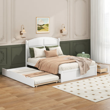 Wood Queen Size Platform Bed With Twin Size Trundle And 2 Drawers, White Box Spring Not Required Queen White Wood Bedroom Bed Frame Solid Wood Mdf