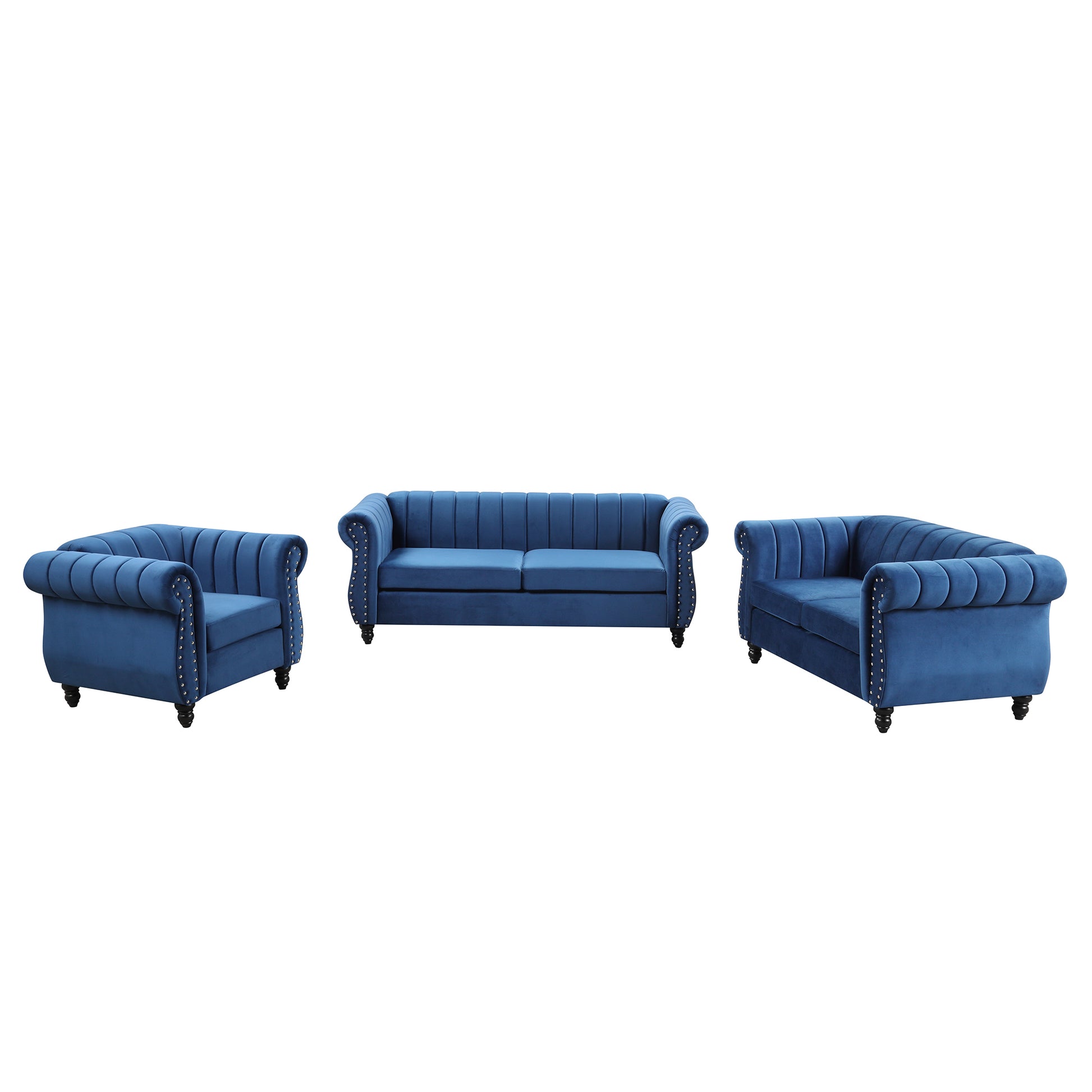 Modern Three Piece Sofa Set With Solid Wood Legs, Buttoned Tufted Backrest, Frosted Velvet Upholstered Sofa Set Including Three Seater Sofa, Double Seater And Living Room Furniture Set Single Chair Blue Foam Polyester