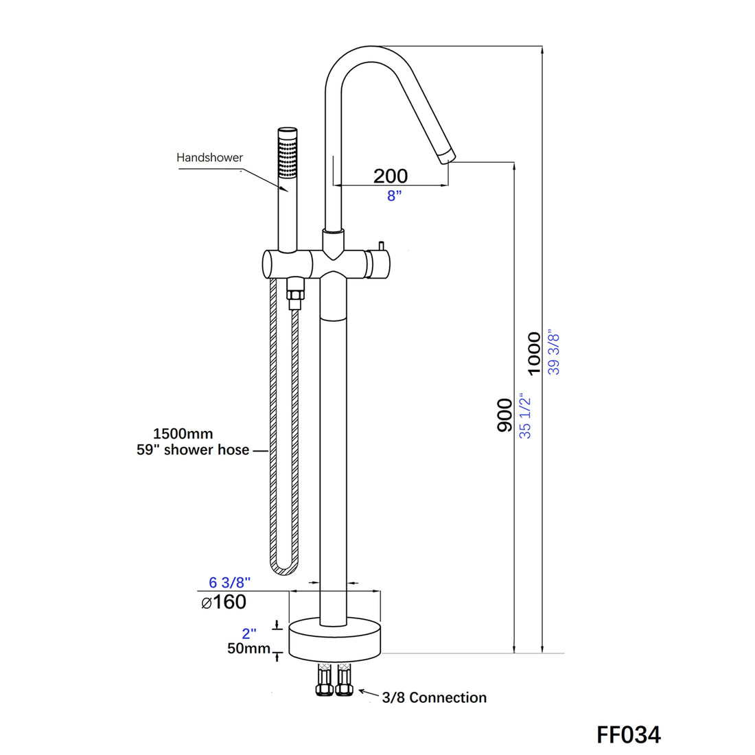 Freestanding Bathtub Faucet With Hand Shower Matt Black Metal