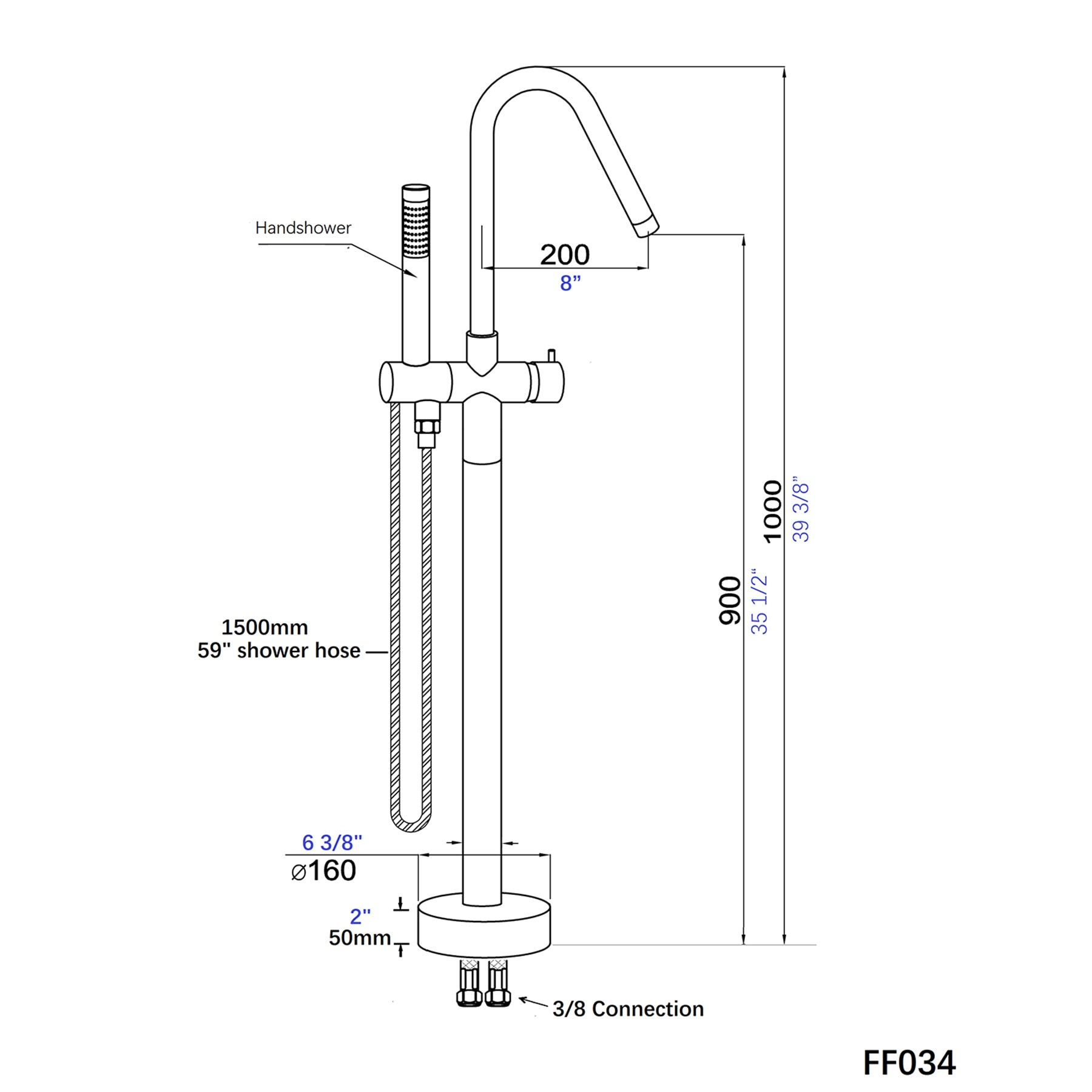 Freestanding Bathtub Faucet With Hand Shower Matt Black Metal