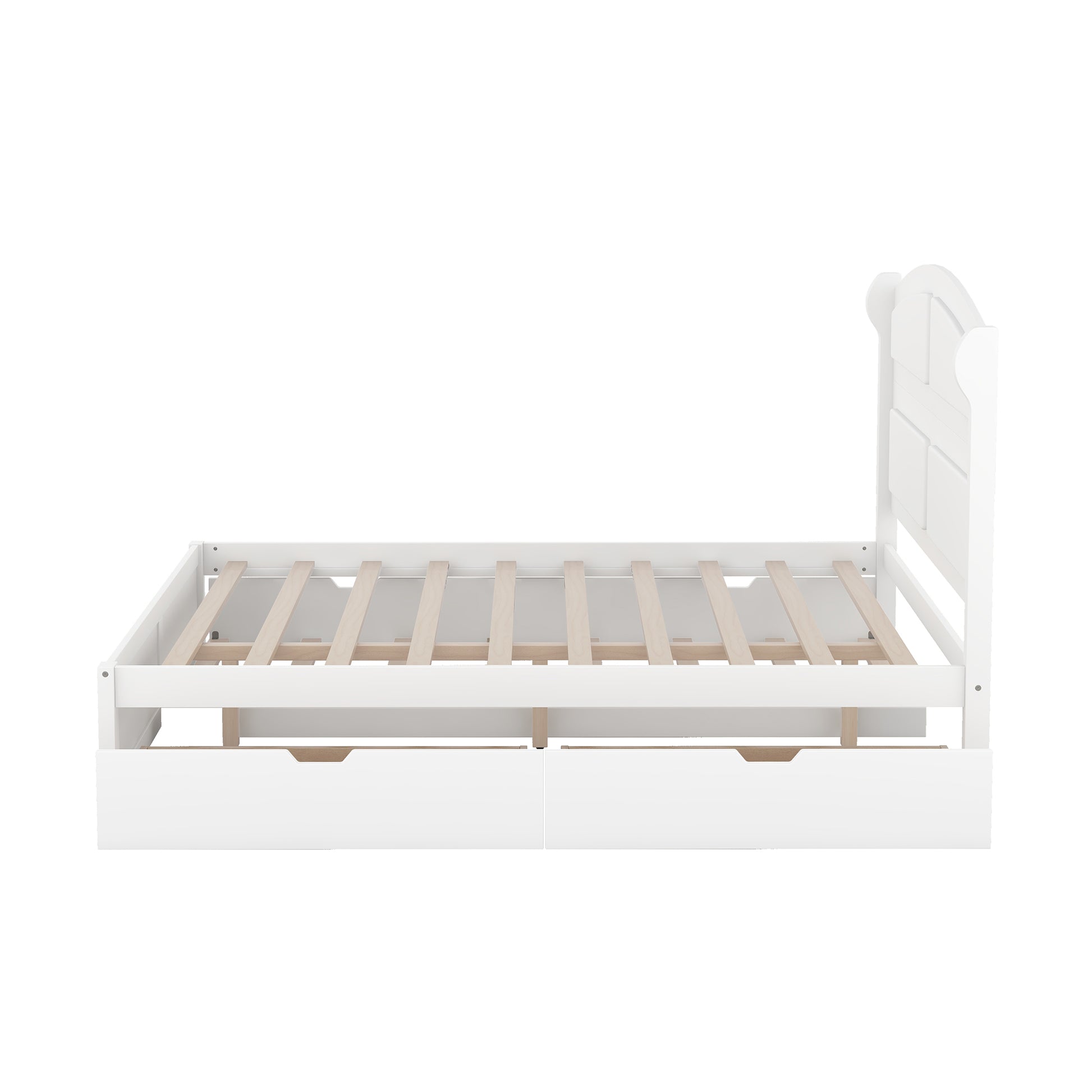 Wood Queen Size Platform Bed With Twin Size Trundle And 2 Drawers, White Box Spring Not Required Queen White Wood Bedroom Bed Frame Solid Wood Mdf