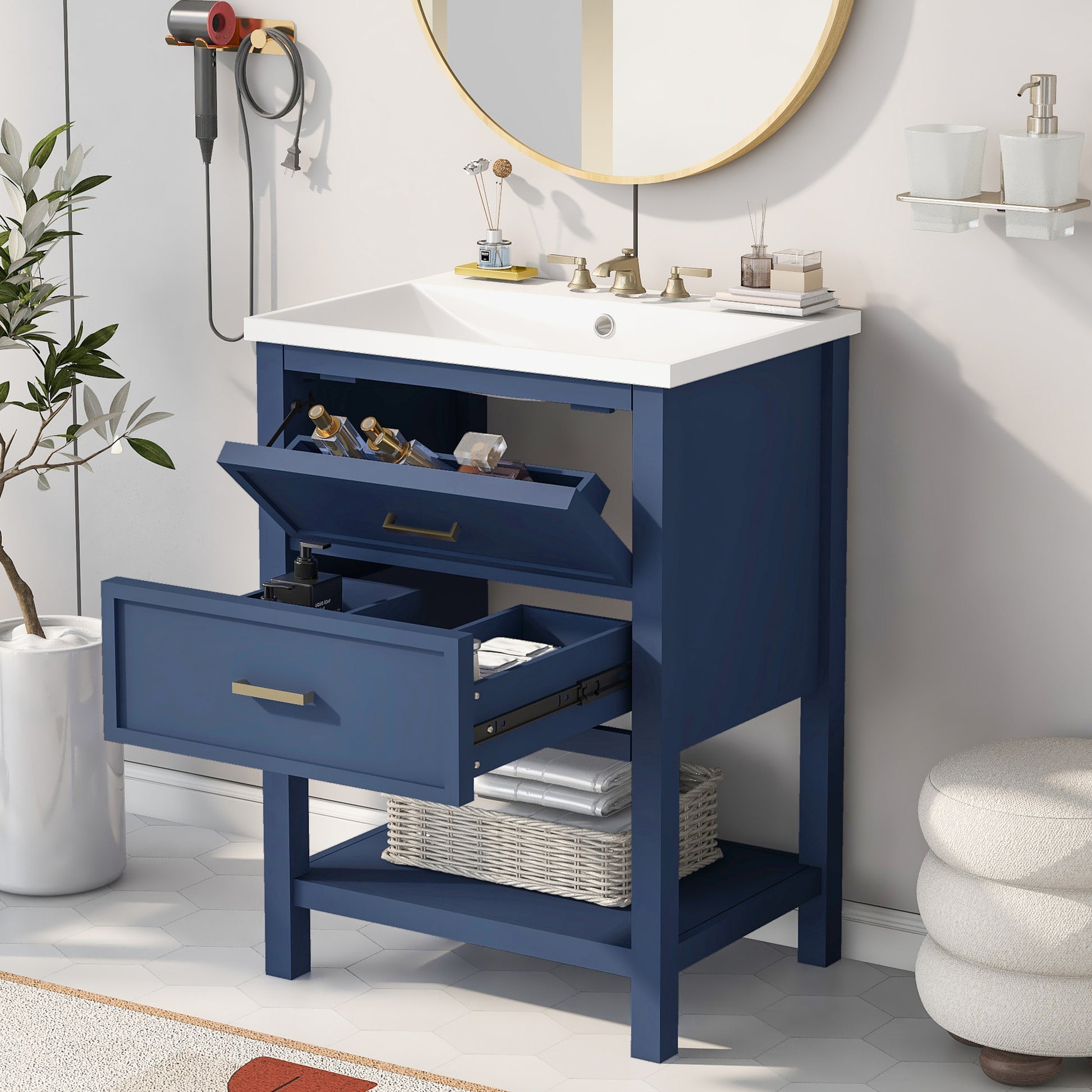 24'' Bathroom Vanity With Top Sink, Modern Bathroom Storage Cabinet With 2 Drawers, Single Sink Bathroom Vanity Blue Mdf