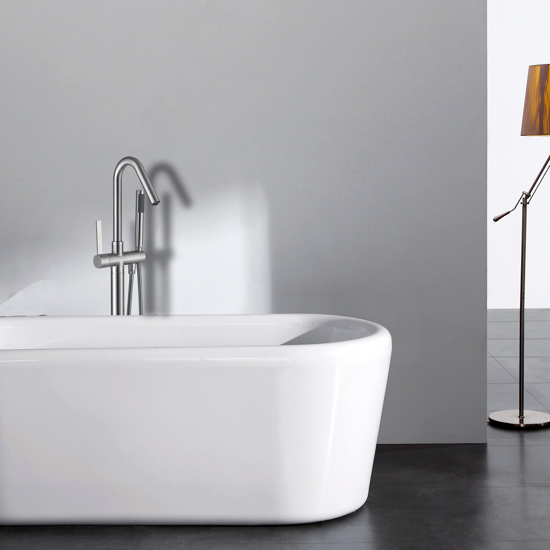Freestanding Bathtub Faucet With Hand Shower Brushed Nickel Metal