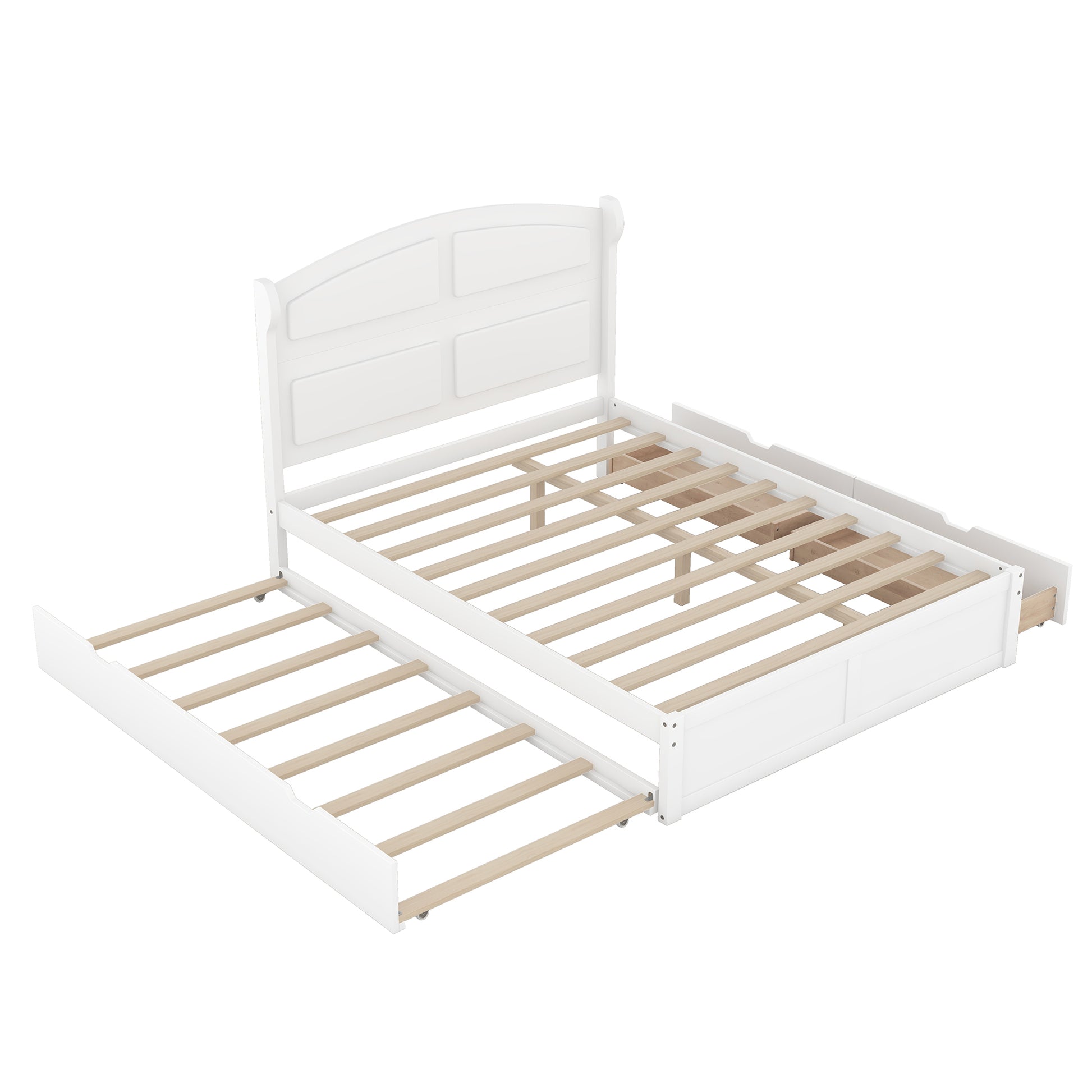 Wood Queen Size Platform Bed With Twin Size Trundle And 2 Drawers, White Box Spring Not Required Queen White Wood Bedroom Bed Frame Solid Wood Mdf