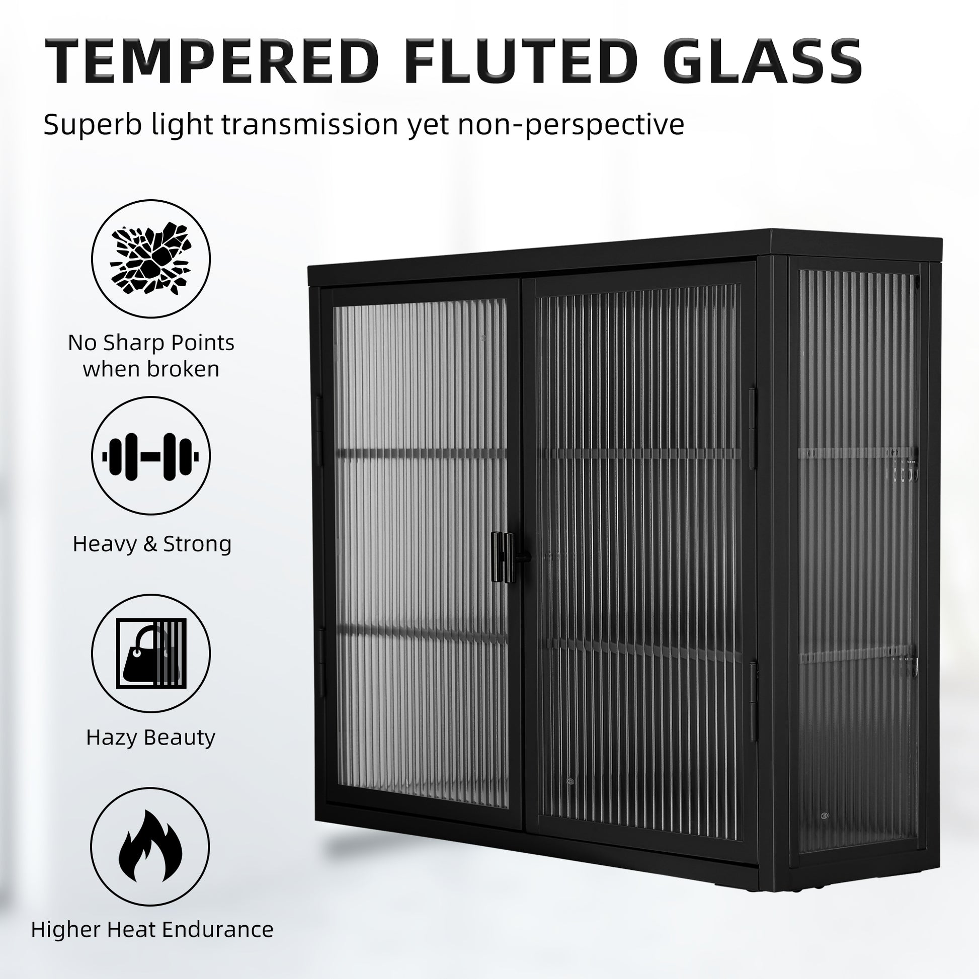 Retro Style Haze Double Glass Door Wall Cabinet With Detachable Shelves For Office, Dining Room,Living Room, Kitchen And Bathroom Black Old Item Code W68751723 Wall Mounted 1 2 Shelves Powder Coated Black Bathroom Glass Doors Tempered Glass Sheet Metal
