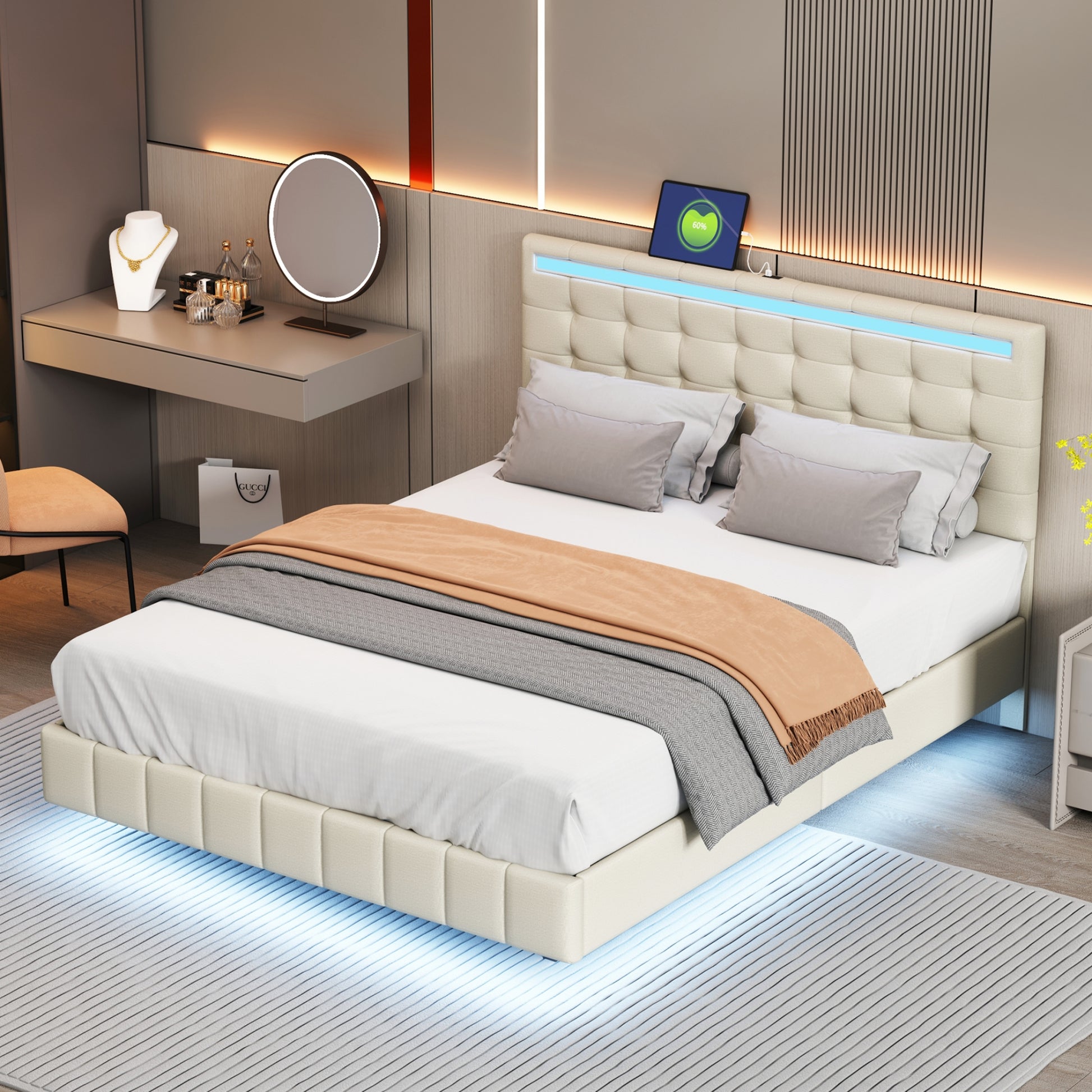 Queen Size Floating Bed Frame With Led Lights And Usb Charging,Modern Upholstered Platform Led Bed Frame,Beige Beige Linen