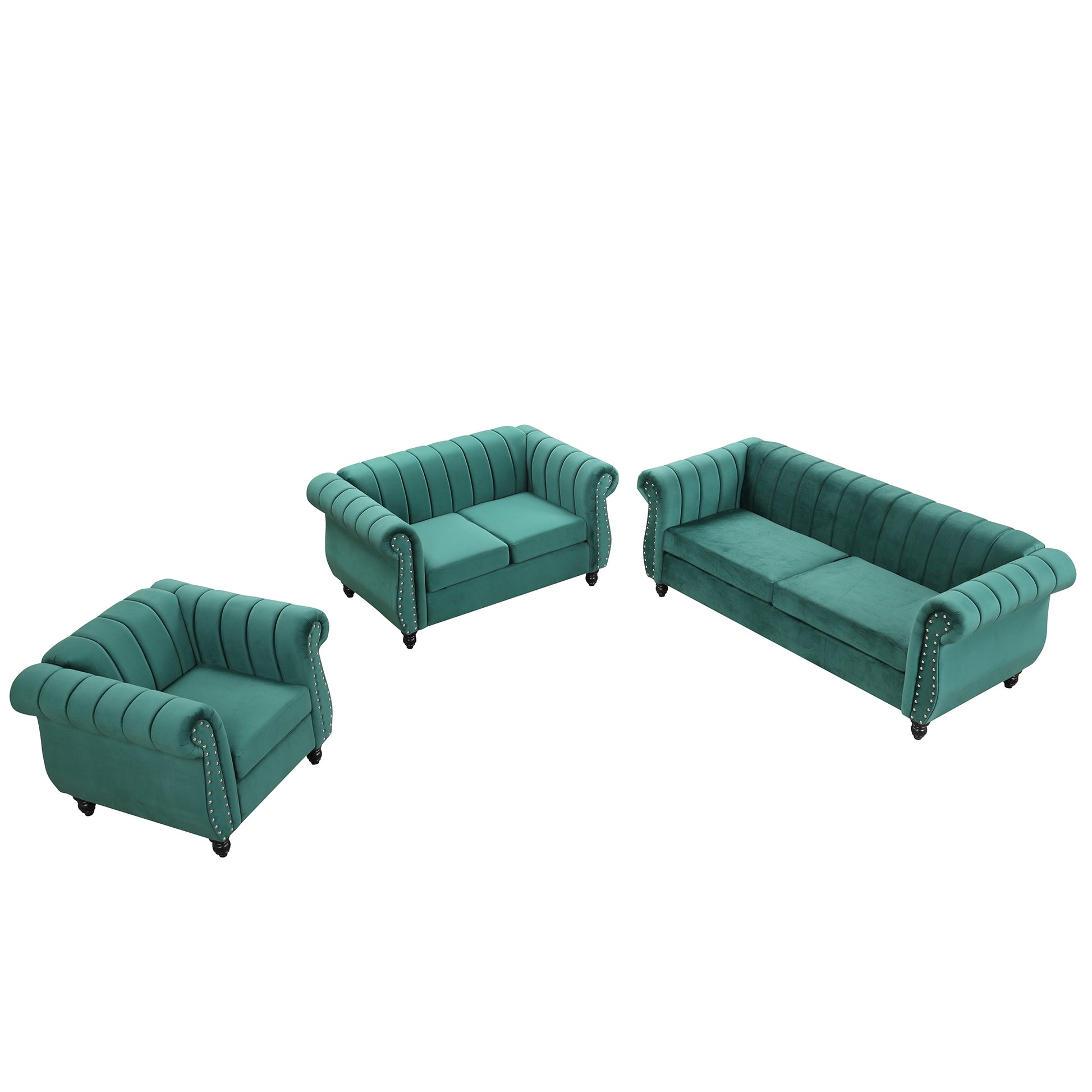 Modern Three Piece Sofa Set With Solid Wood Legs, Buttoned Tufted Backrest, Frosted Velvet Upholstered Sofa Set Including Three Seater Sofa, Double Seater And Living Room Furniture Set Single Chair Green Foam Polyester