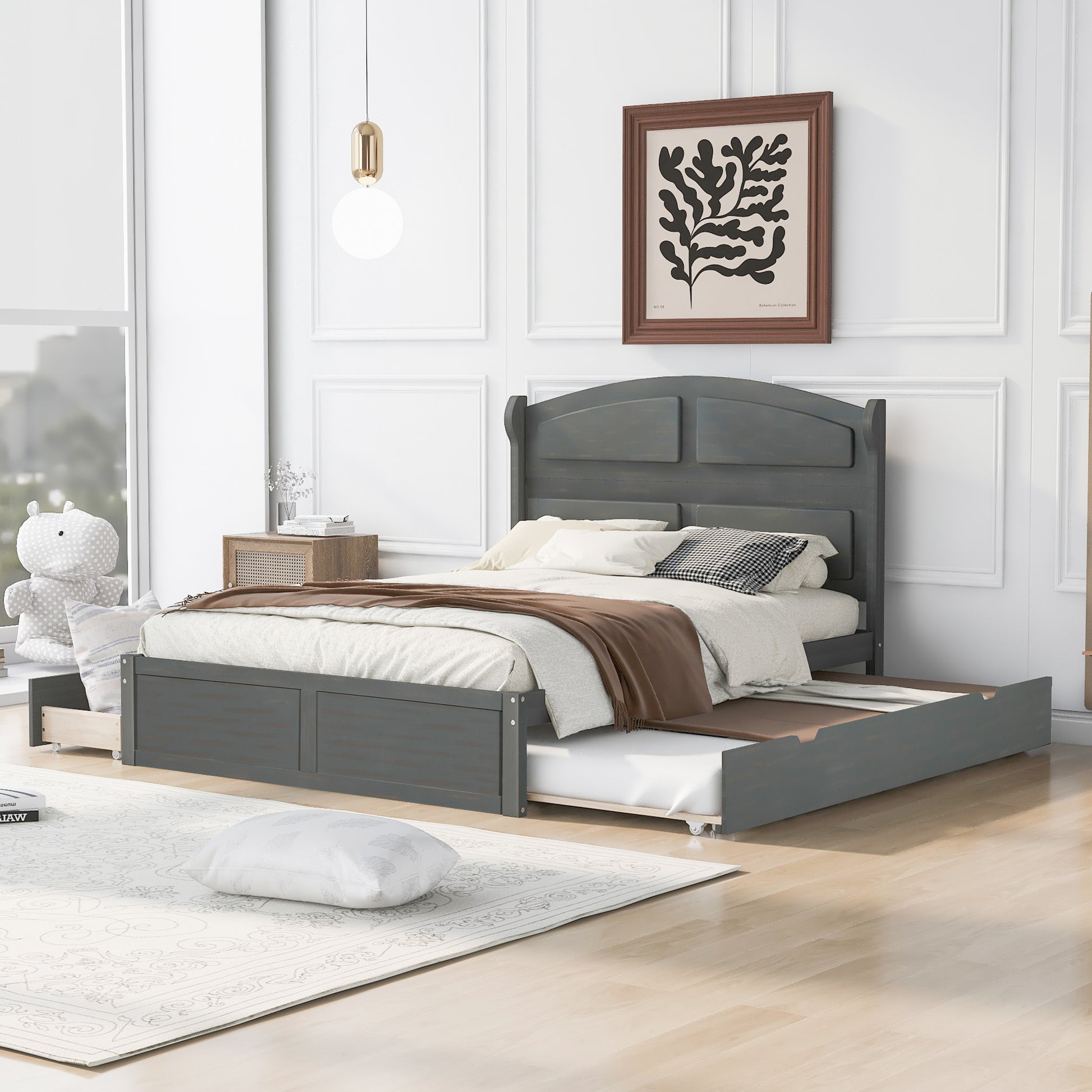 Wood Queen Size Platform Bed With Twin Size Trundle And 2 Drawers, Antique Gray Box Spring Not Required Queen Antique Gray Wood Bedroom Bed Frame Solid Wood Mdf