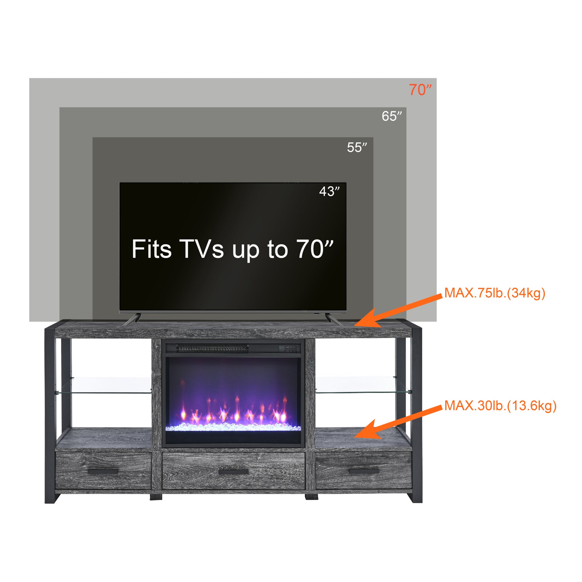 60 Inch Electric Fireplace Media Tv Stand With Sync Colorful Led Lights Dark Rustic Oak Color Powder Coated No Electric Dark Oak Vent Free Primary Living Space Yes Insert Wood Stainless Steel Glass Electric