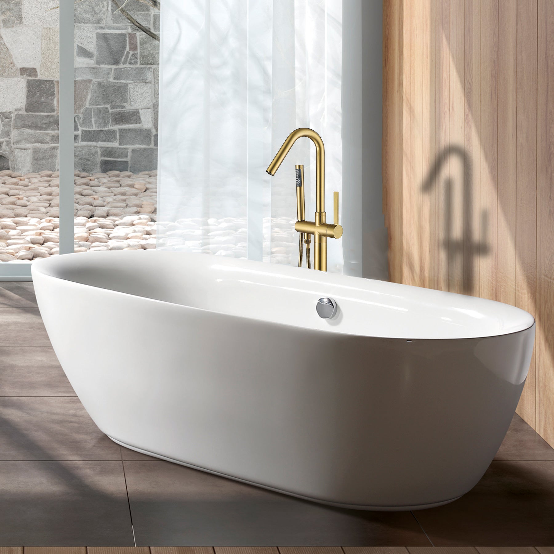 Freestanding Bathtub Faucet With Hand Shower Gold Metal