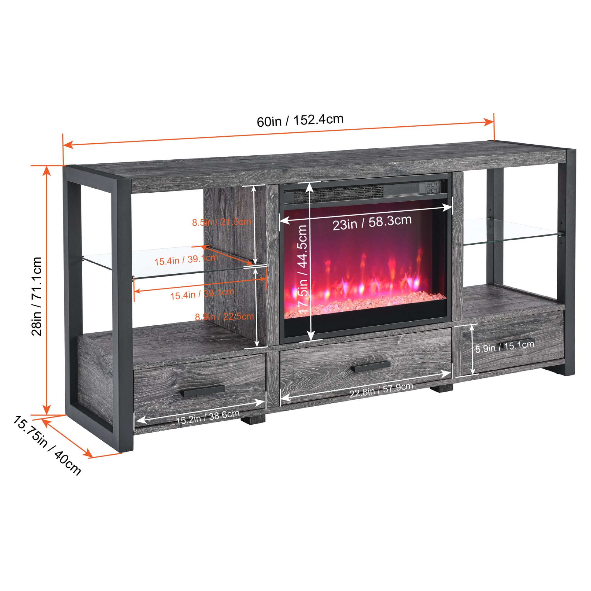60 Inch Electric Fireplace Media Tv Stand With Sync Colorful Led Lights Dark Rustic Oak Color Powder Coated No Electric Dark Oak Vent Free Primary Living Space Yes Insert Wood Stainless Steel Glass Electric