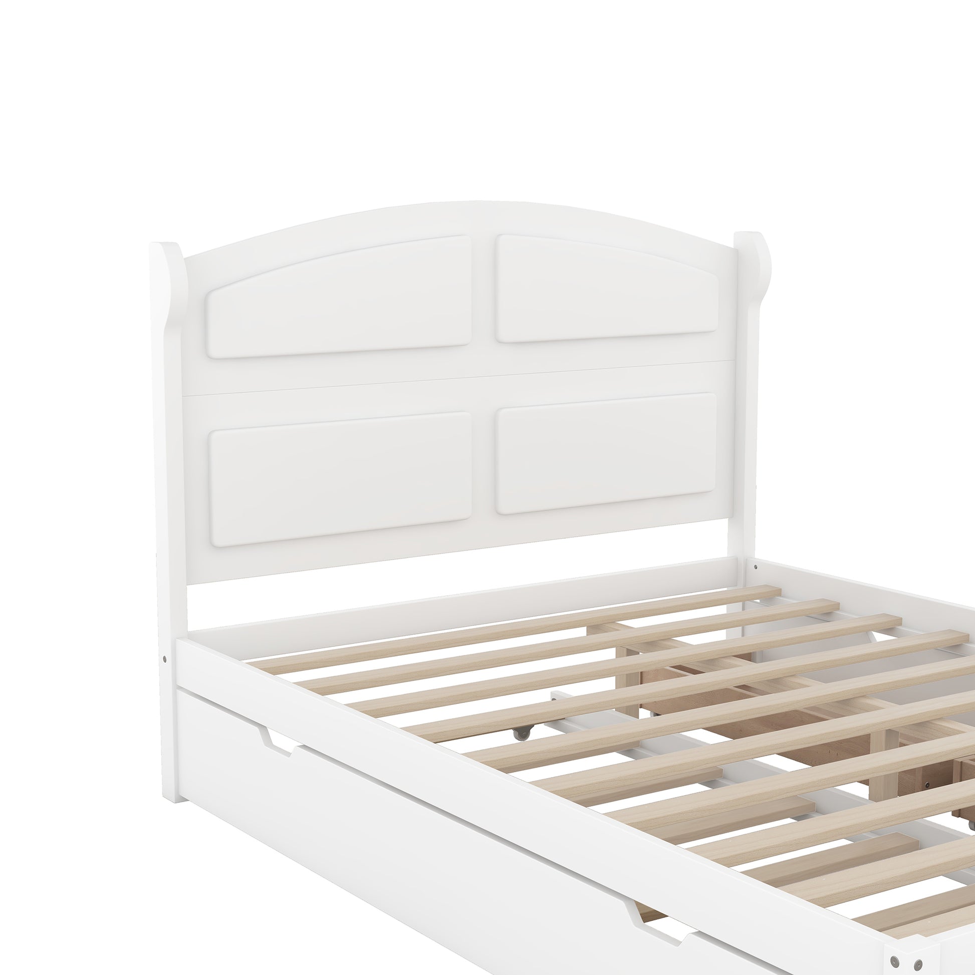 Wood Queen Size Platform Bed With Twin Size Trundle And 2 Drawers, White Box Spring Not Required Queen White Wood Bedroom Bed Frame Solid Wood Mdf