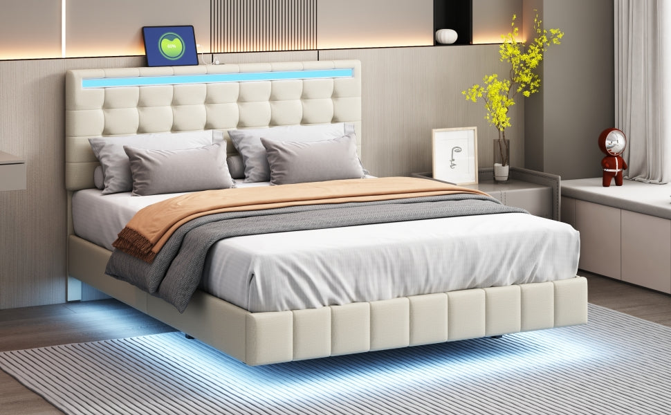 Queen Size Floating Bed Frame With Led Lights And Usb Charging,Modern Upholstered Platform Led Bed Frame,Beige Beige Linen