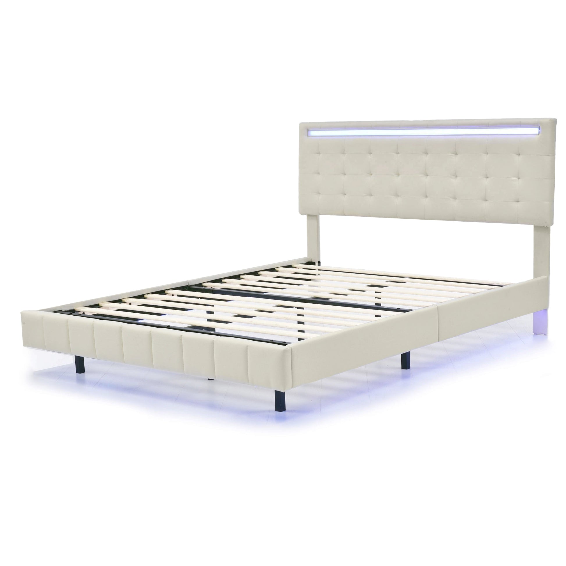 Queen Size Floating Bed Frame With Led Lights And Usb Charging,Modern Upholstered Platform Led Bed Frame,Beige Beige Linen