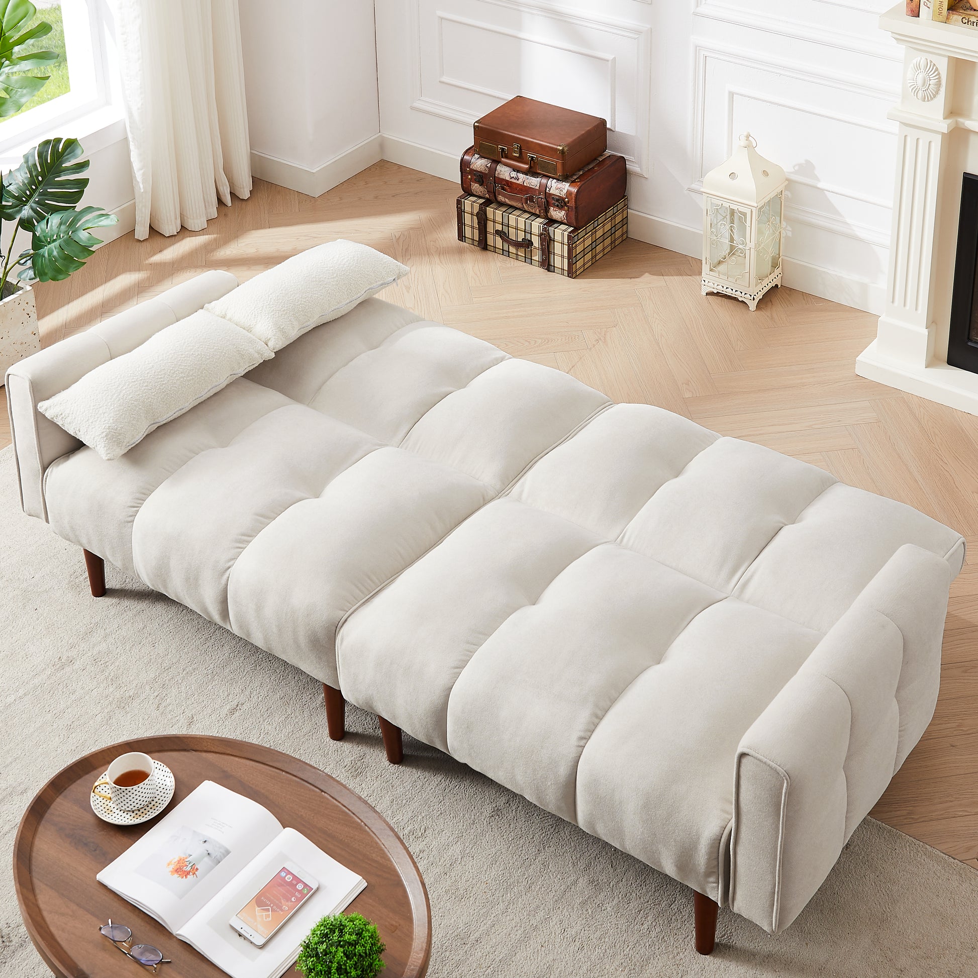 Convertible Futon Sofa Bed, Adjustable Couch Sleeper, Modern Fabric Linen Upholstered Futon Sofa Bed With Wooden Legs & 2 Pillows For Apartment, Living Room, Studio. Ivory Ivory Foam Fabric