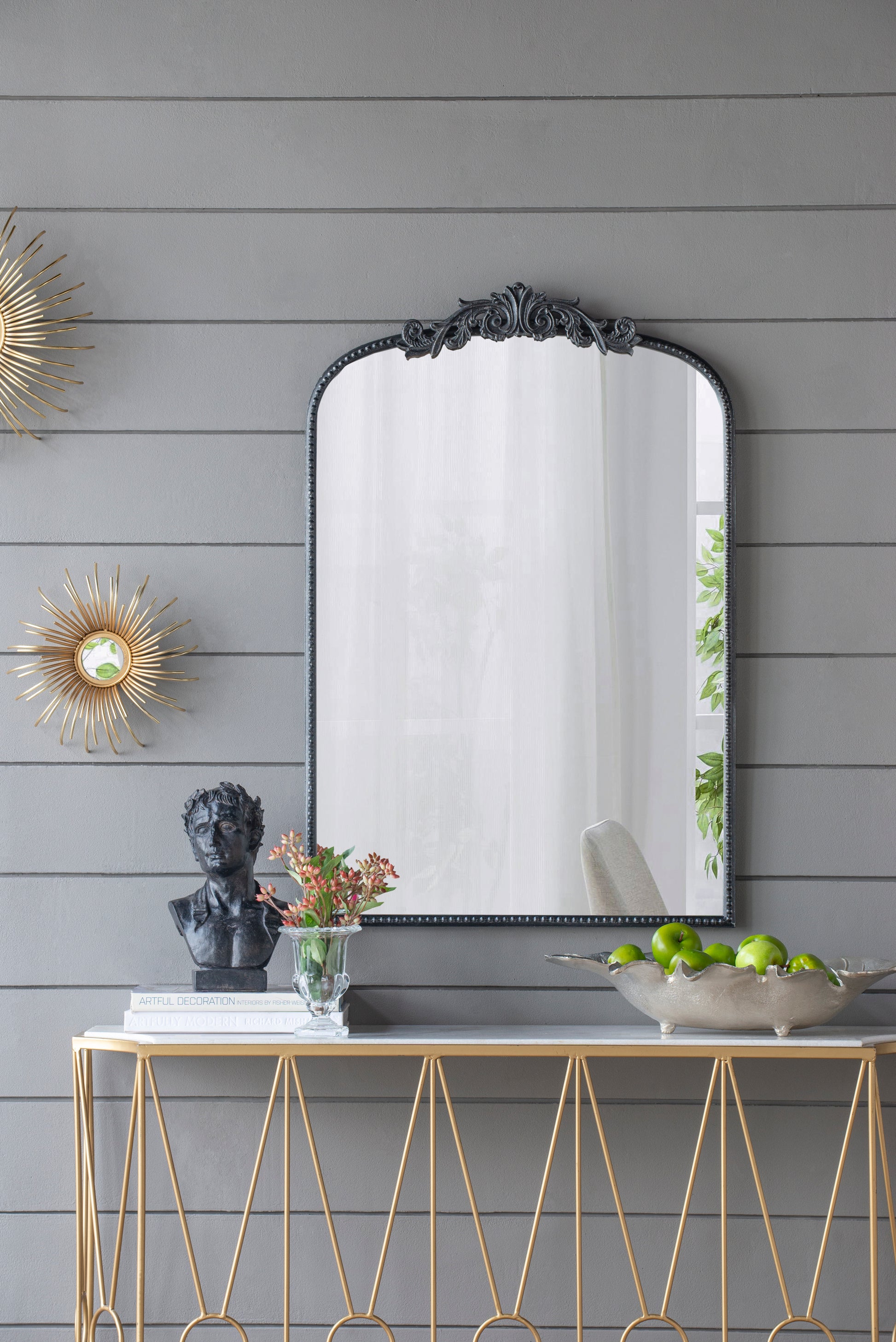 24" X 36" Classic Design Mirror With And Baroque Inspired Frame For Bathroom, Entryway Console Lean Against Wall Black Mdf Glass