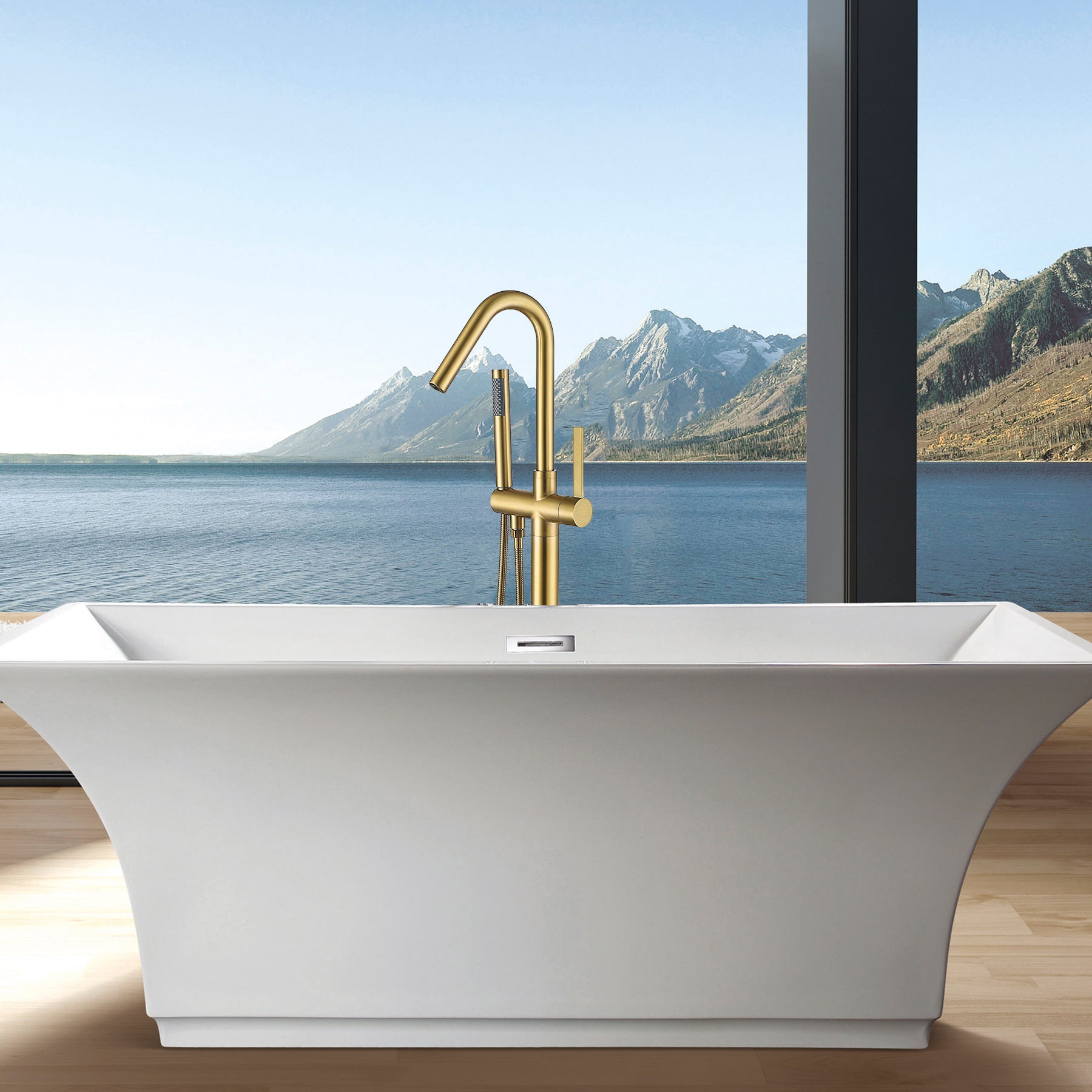 Freestanding Bathtub Faucet With Hand Shower Gold Metal