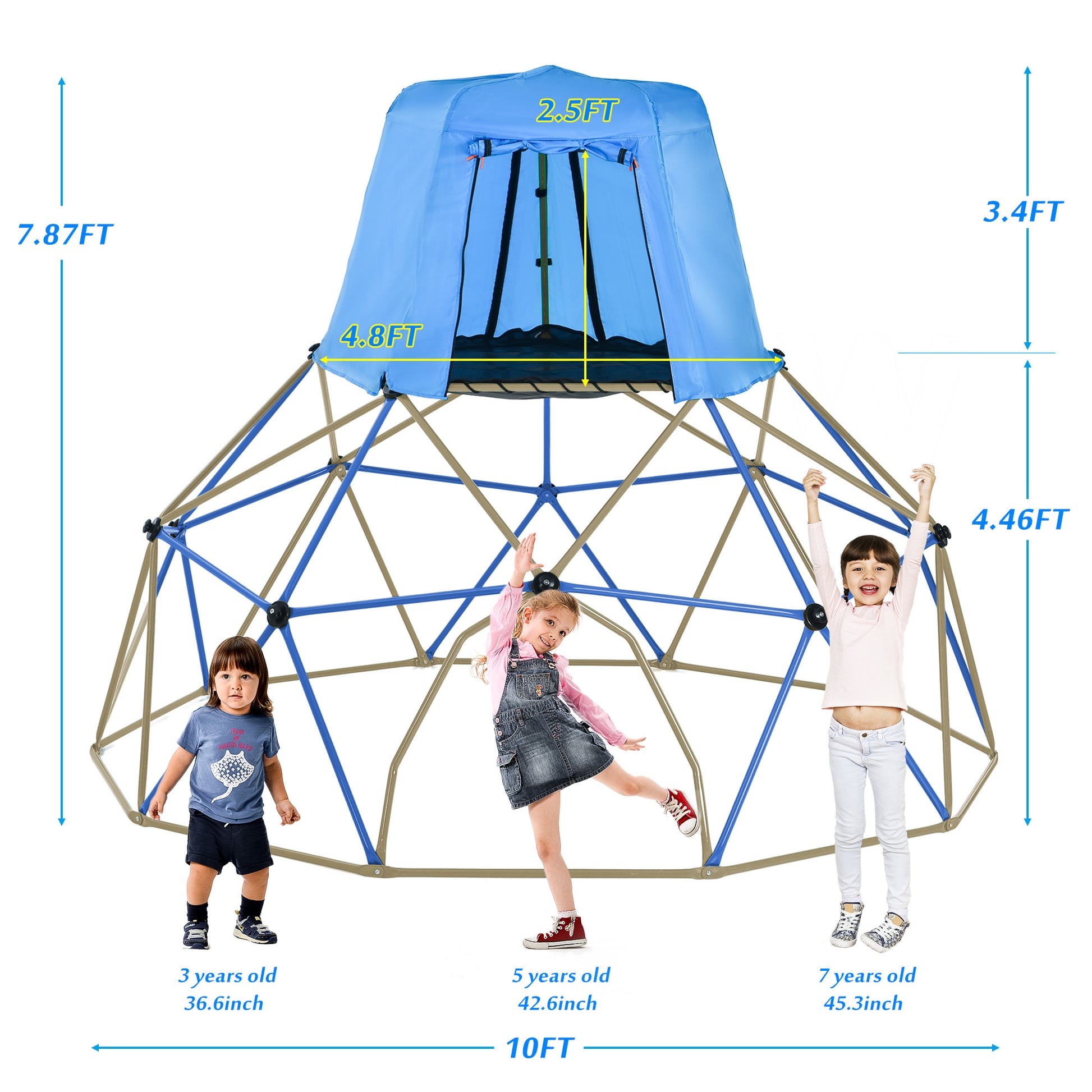 Kids Climbing Dome With Canopy And Playmat 10 Ft Jungle Gym Geometric Playground Dome Climber Play Center, Rust & Uv Resistant Steel Supporting 1000 Lbs Blue Metal Outdoor