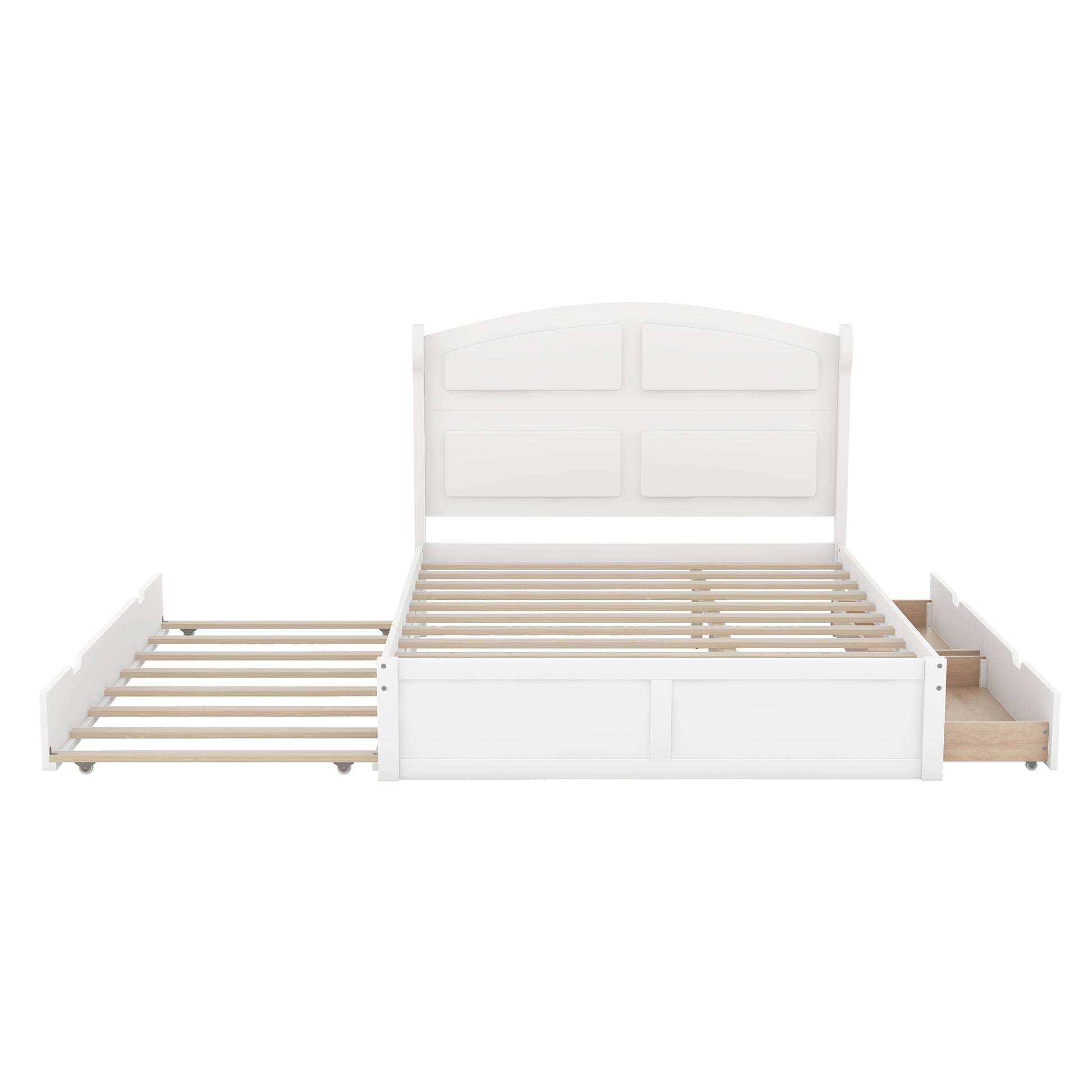 Wood Queen Size Platform Bed With Twin Size Trundle And 2 Drawers, White Box Spring Not Required Queen White Wood Bedroom Bed Frame Solid Wood Mdf