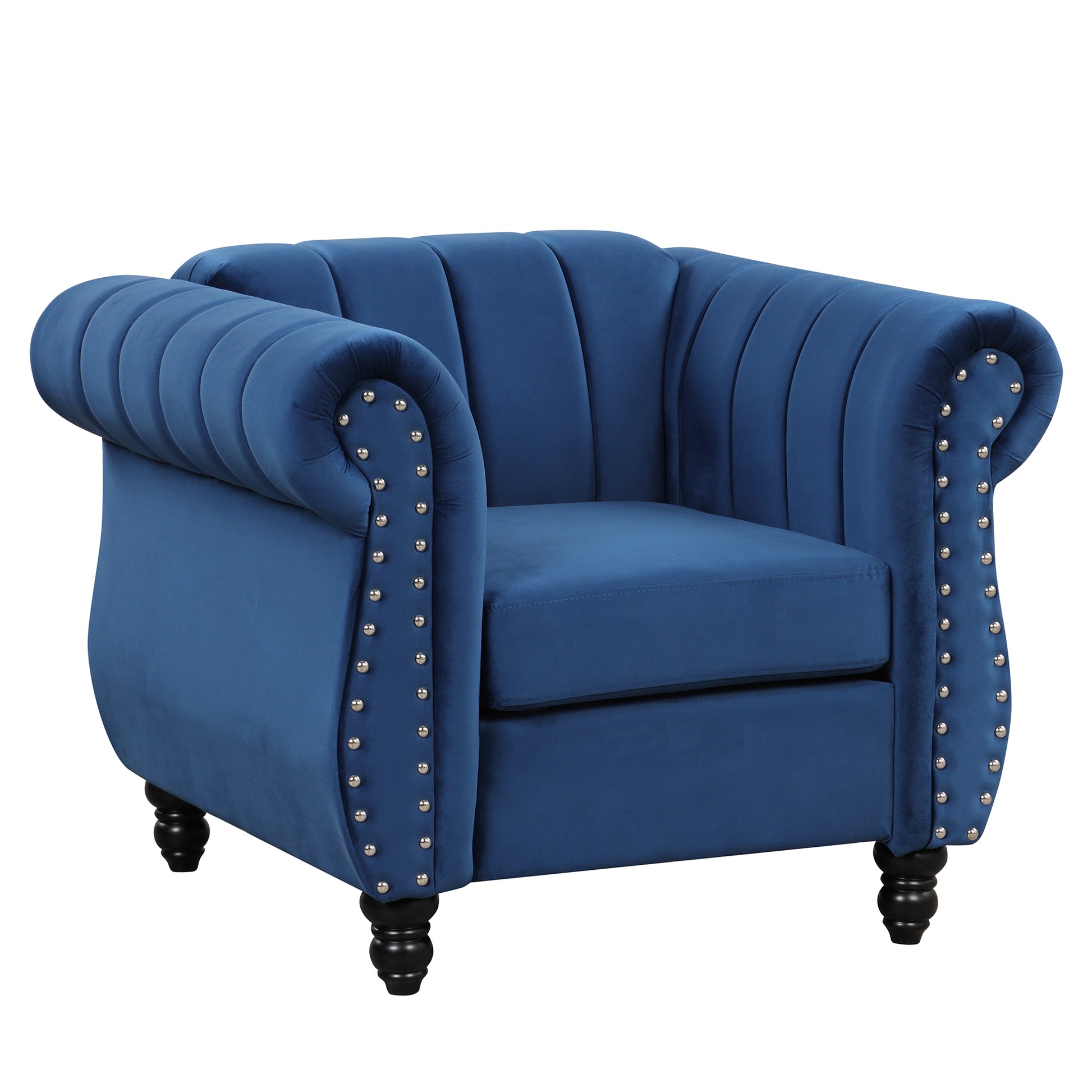 39" Modern Sofa Dutch Fluff Upholstered Sofa With Solid Wood Legs, Buttoned Tufted Backrest,Blue Blue Foam Polyester