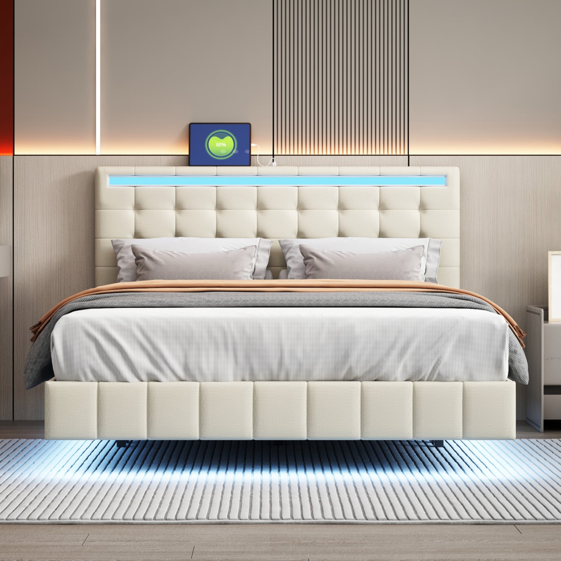 Queen Size Floating Bed Frame With Led Lights And Usb Charging,Modern Upholstered Platform Led Bed Frame,Beige Beige Linen