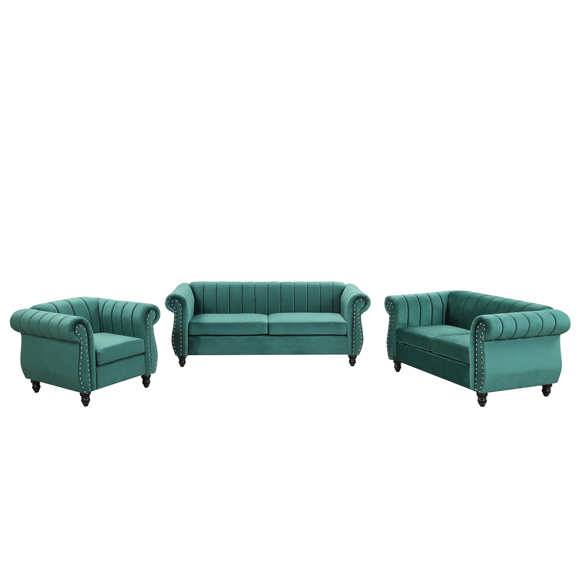 Modern Three Piece Sofa Set With Solid Wood Legs, Buttoned Tufted Backrest, Frosted Velvet Upholstered Sofa Set Including Three Seater Sofa, Double Seater And Living Room Furniture Set Single Chair Green Foam Polyester