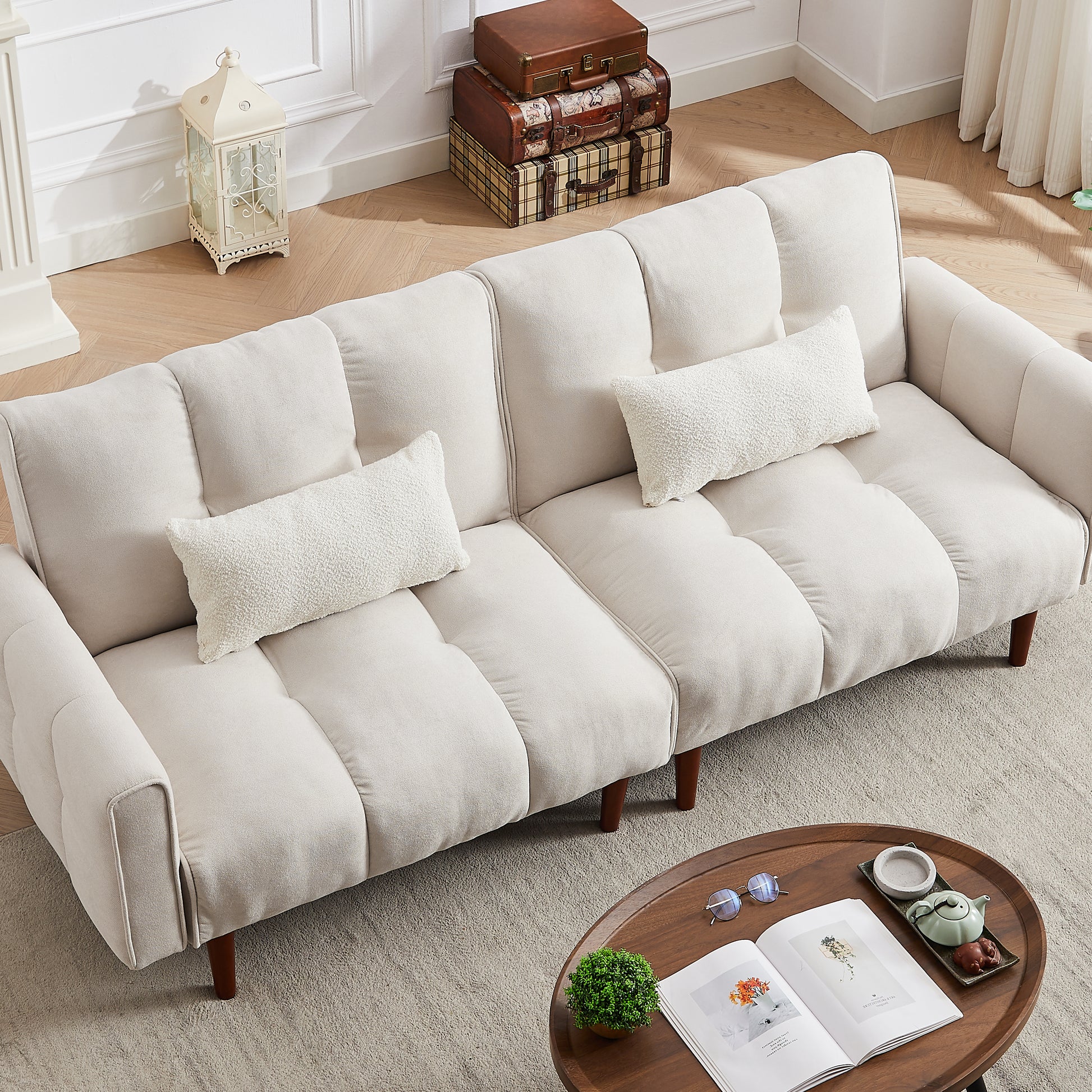 Convertible Futon Sofa Bed, Adjustable Couch Sleeper, Modern Fabric Linen Upholstered Futon Sofa Bed With Wooden Legs & 2 Pillows For Apartment, Living Room, Studio. Ivory Ivory Foam Fabric