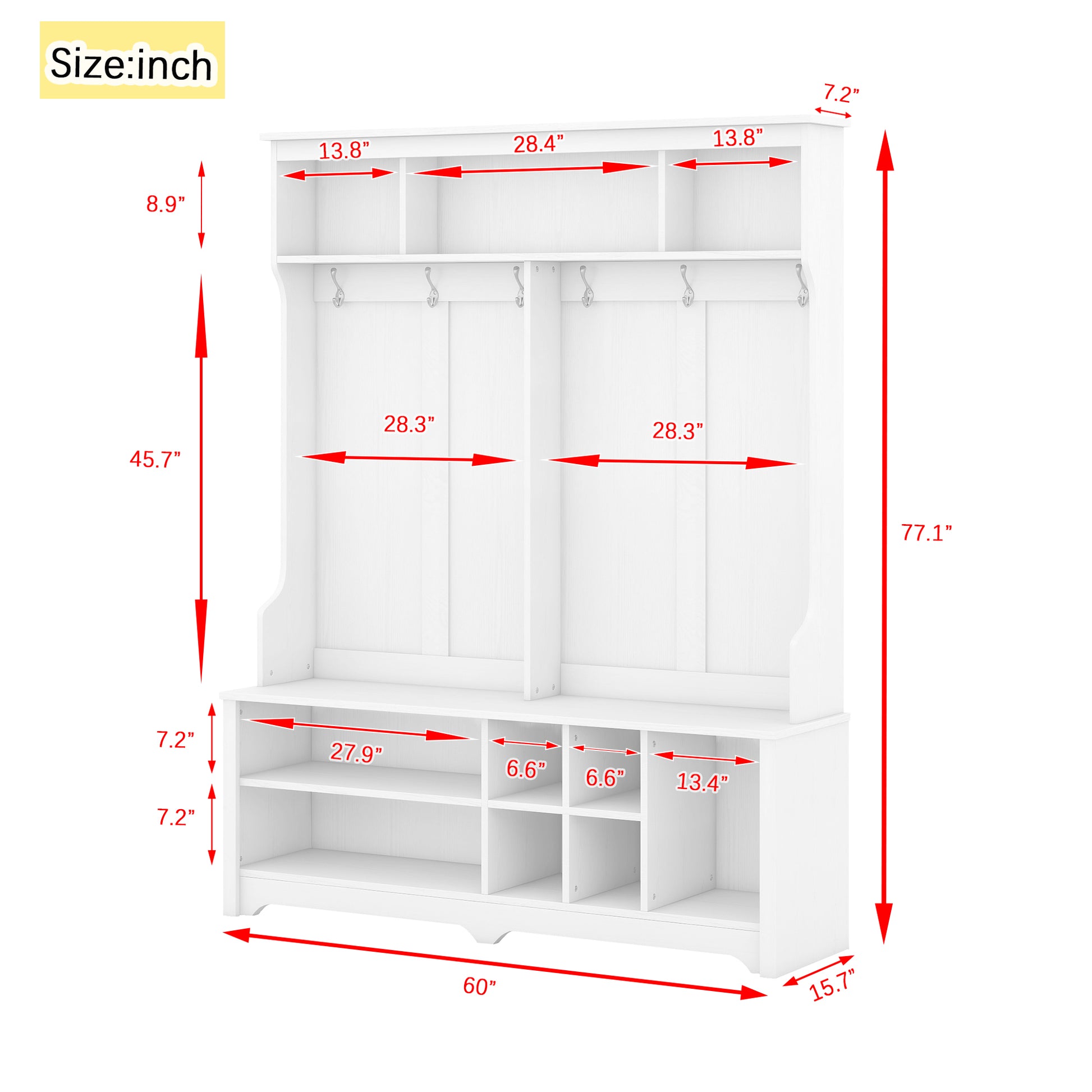 Modern Hallway Hall Tree With Metal Hooks And Storage Space, Multi Functional Entryway Coat Rack With Shoe Cubbies, White Pre Sale Date: December 18Th White Mdf